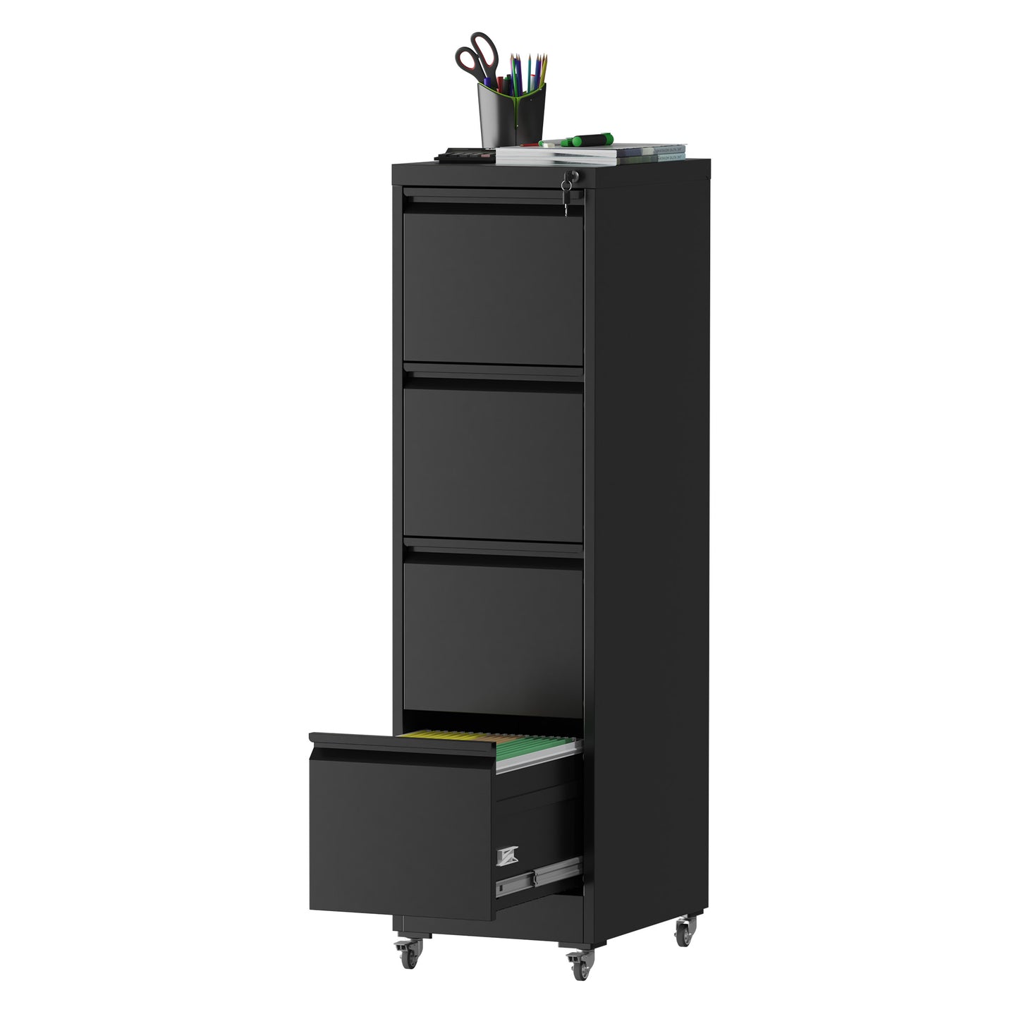 VIYET 52"H 4-Drawer Locking Vertical File Cabinet on Wheels, Black Heavy-Duty Metal Cabinet for Home/Office, Fits Legal/Letter
