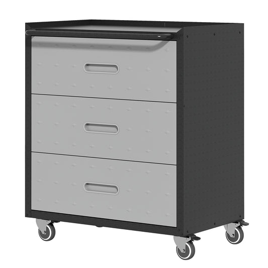 VIYET 35"H Heavy-Duty Steel 3-Drawer Storage Cabinet with Wheels - Lockable Casters & Top Guardrail, Mobile Tool Organizer for Garage/Home/Office/Warehouse, Black+Gray