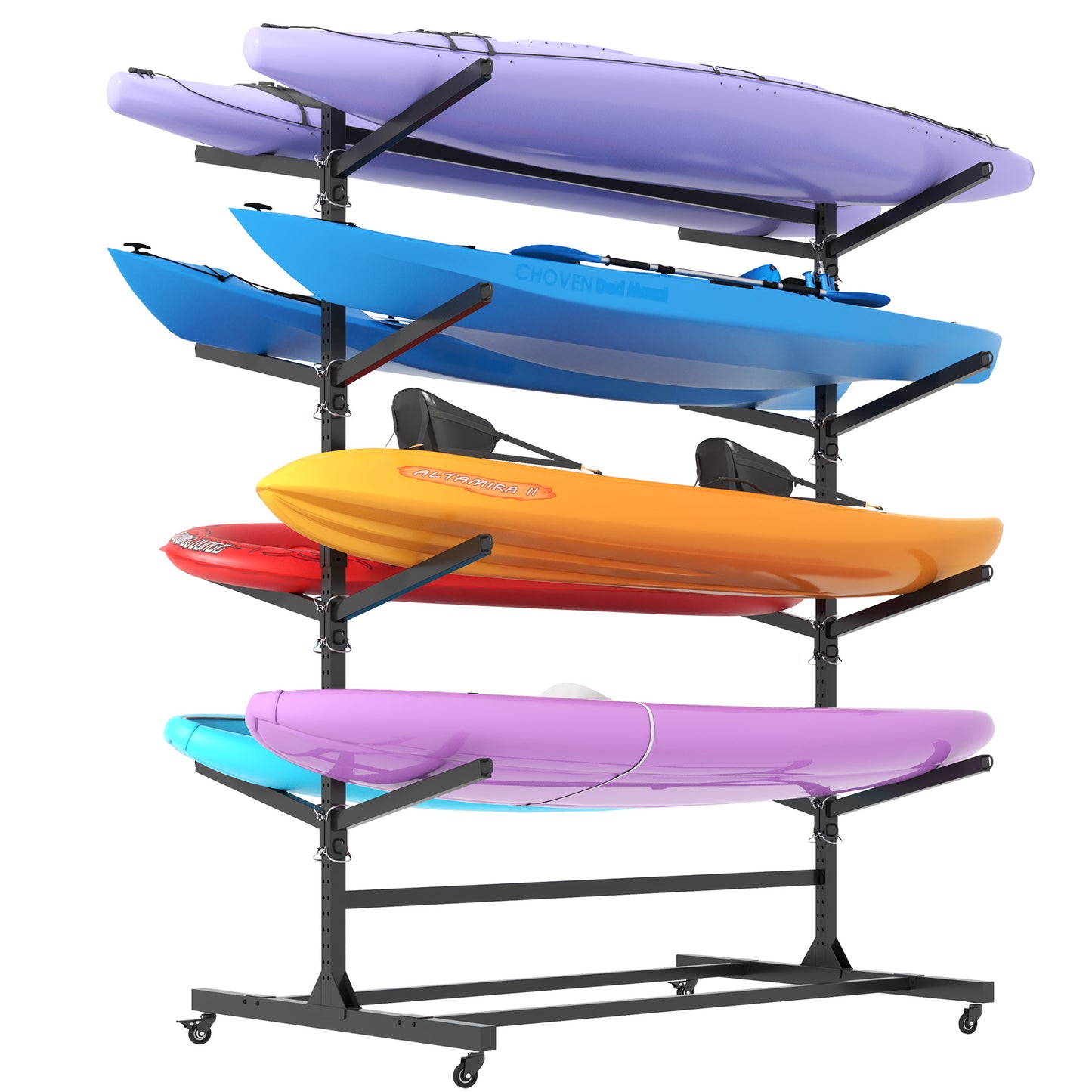 VIYET 80"H 8-Kayak Heavy-Duty Freestanding Storage Rack,Adjustable Metal Stand with Wheels,800LBS Capacity for Garage/Indoor/Outdoor(Black)