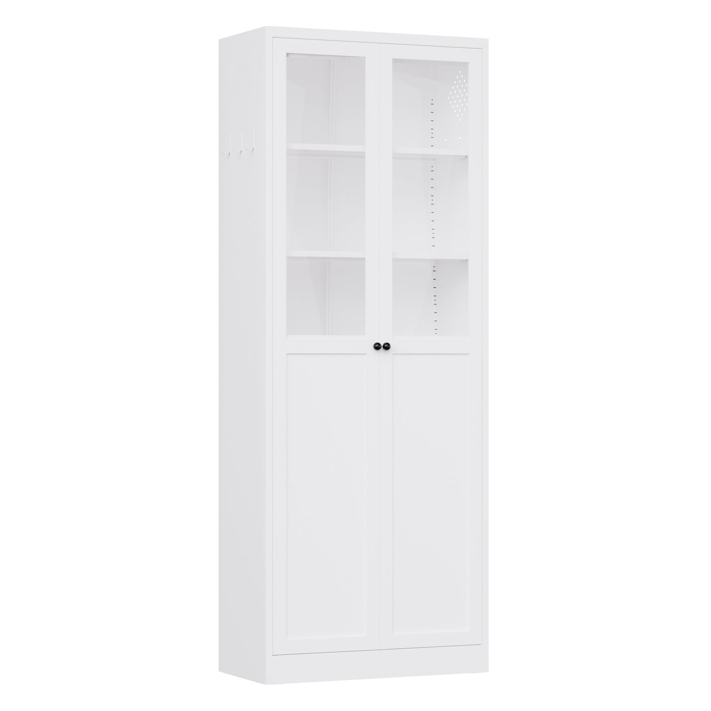 VIYET 72" Glass Door Metal Pantry Cabinet, White Kitchen Storage Cabinet with 5 Adjustable Shelves, Freestanding Display Cabinet