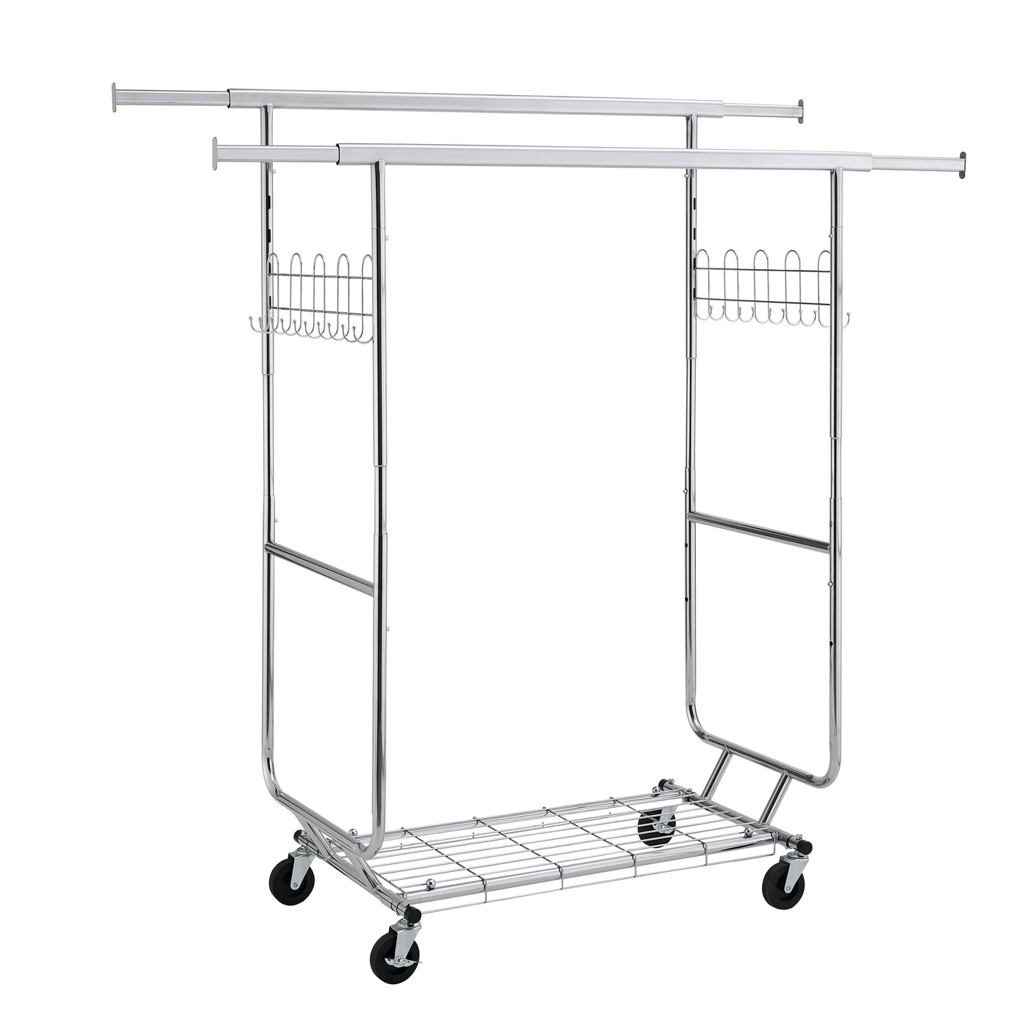 VIYET 68" 800LBS Double Garment Rack with Shelves, Heavy-Duty Iron Rolling Clothes Rack (Collapsible Commercial Portable Hanger)