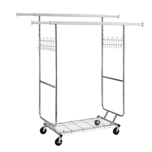 VIYET 68" 800LBS Double Garment Rack with Shelves, Heavy-Duty Iron Rolling Clothes Rack (Collapsible Commercial Portable Hanger)