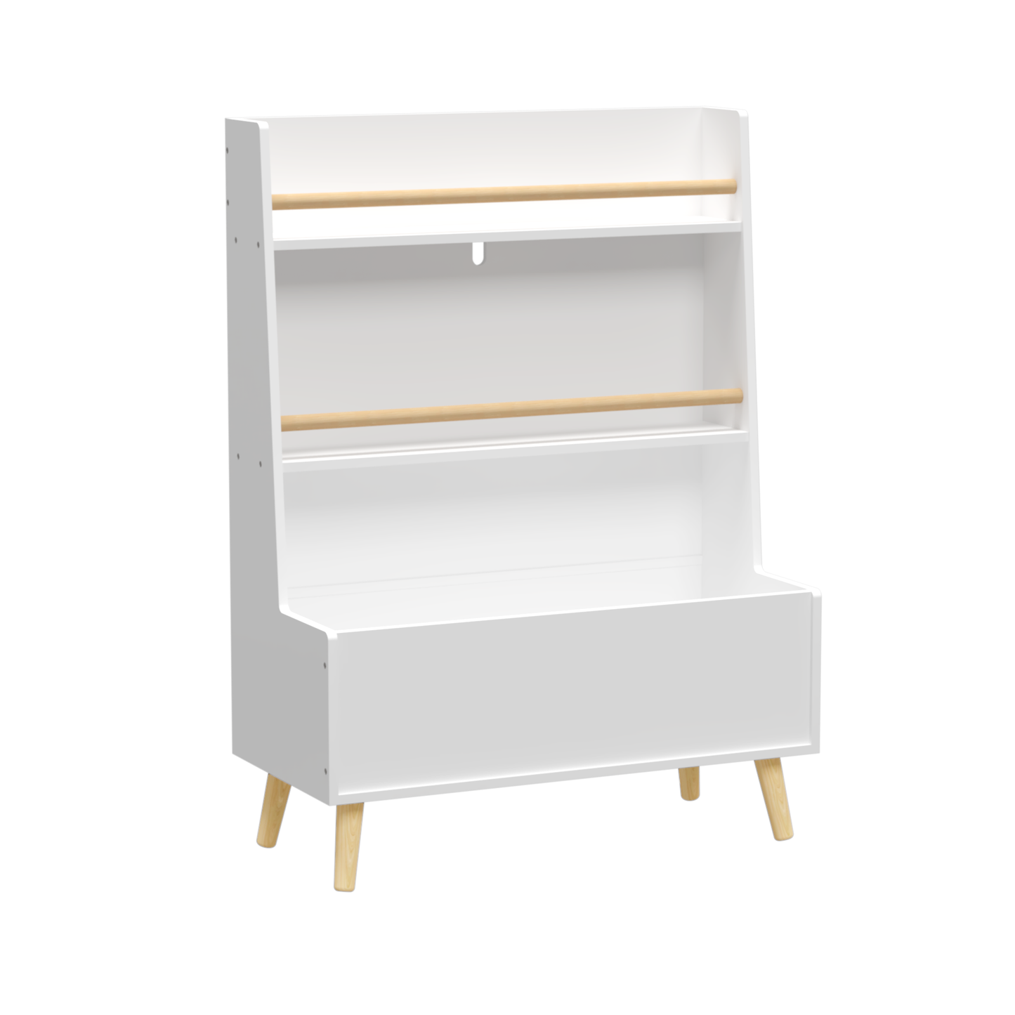 VIYET 37" Kids Bookshelf & Toy Organizer - White MDF+Pine Legs, 2 Shelves, Storage Bin, Anti-Tipping