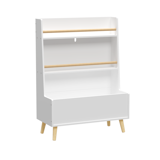 VIYET 37" Kids Bookshelf & Toy Organizer - White MDF+Pine Legs, 2 Shelves, Storage Bin, Anti-Tipping