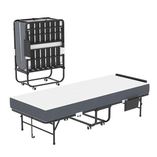VIYET Twin Folding Rollaway Guest Bed with Adjustable Headboard, Side Storage Pocket, 5" Memory Foam Mattress, Wheels