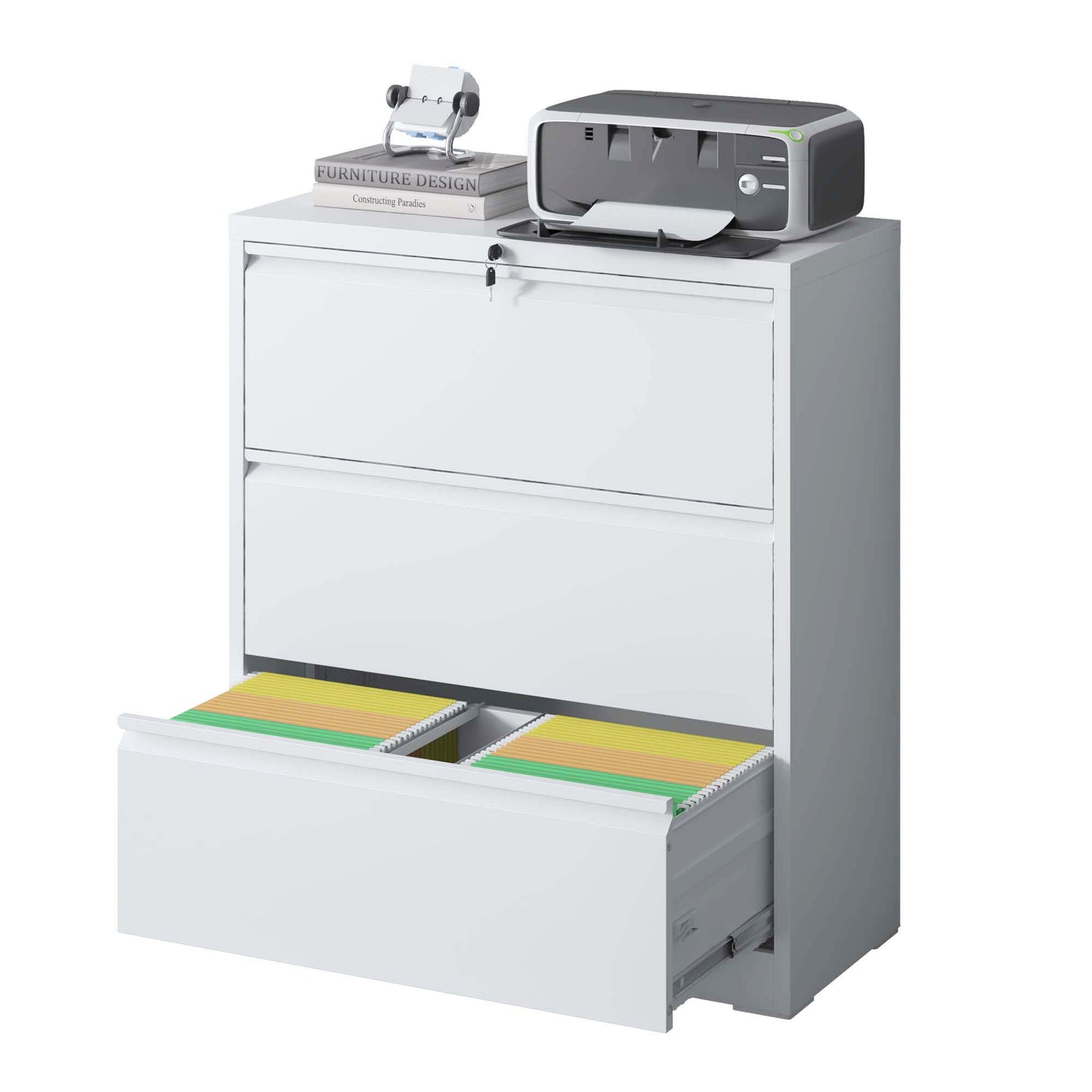 VIYET - 35"W 3-Drawer Lateral File Cabinet with Lock, Metal Filing Cabinet for Home Office, Fits Legal/Letter/A4/F4, White