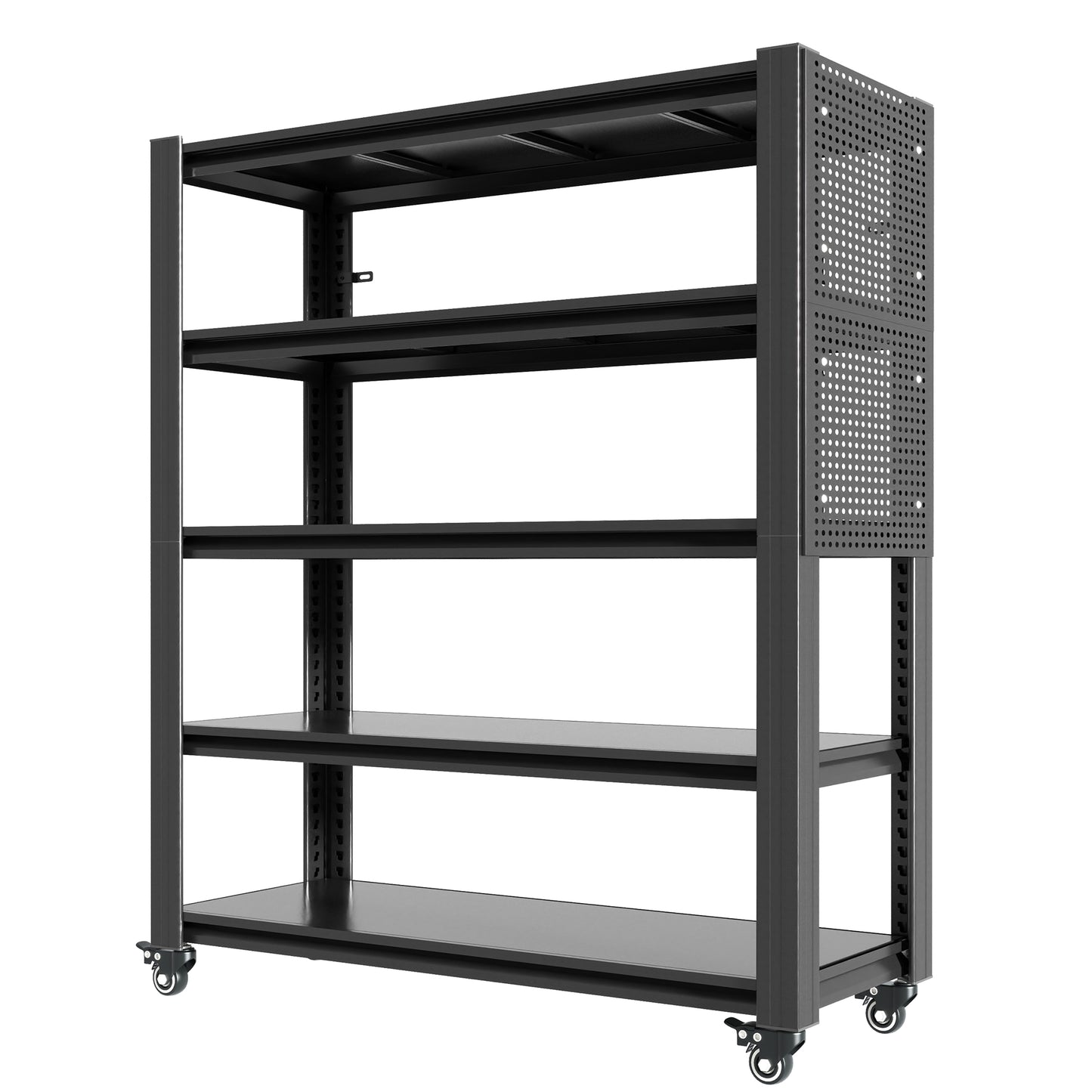 VIYET 78" Rolling Metal Garage Shelving with Pegboard, 5 Tier Adjustable Storage Rack, Heavy Duty Utility Shelf with Locking Wheels, Black