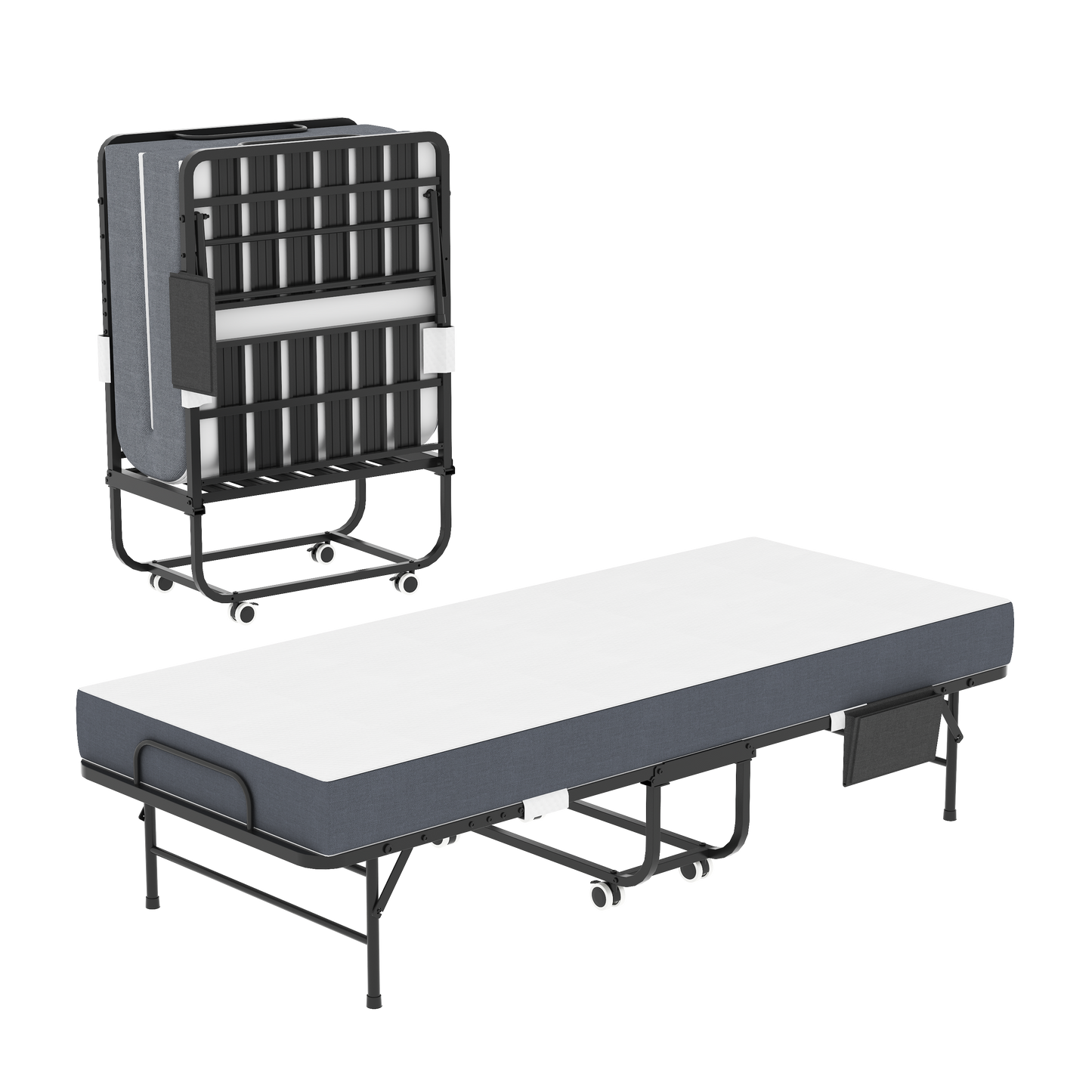 VIYET Twin Folding Rollaway Guest Bed with Side Storage Pocket, 5" Memory Foam Mattress, 450LB Heavy Duty Bed with Wheels