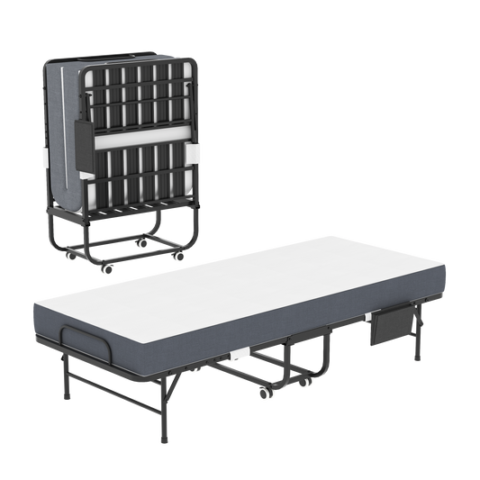 VIYET Twin Folding Rollaway Guest Bed with Side Storage Pocket, 5" Memory Foam Mattress, 450LB Heavy Duty Bed with Wheels