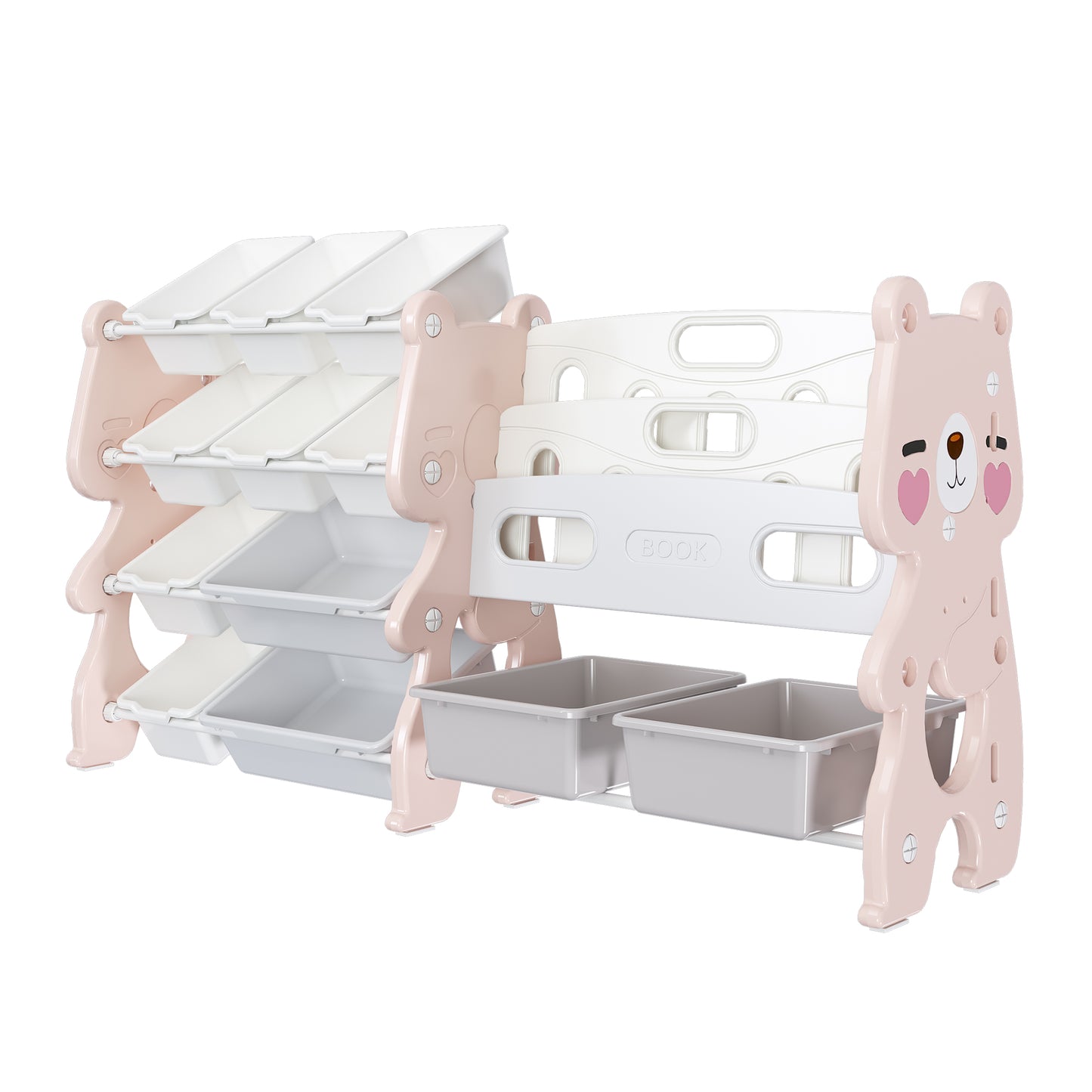 VIYET 34" Kids Toy Storage Organizer, Pink Polyethylene Unit w/ 2-Tier Bookshelf & 12 Toy Bins (Playroom/Bedroom Classroom Organizer)