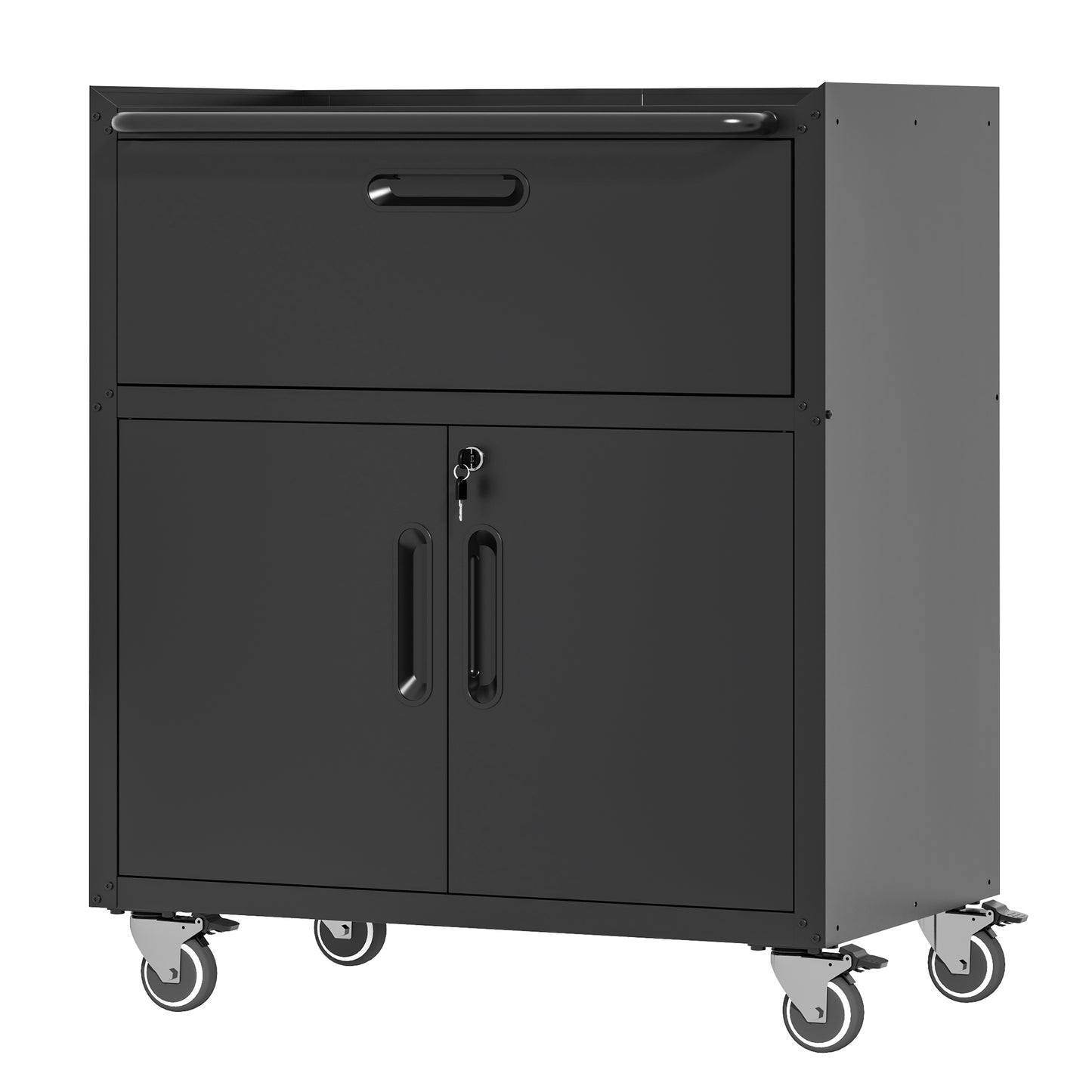 VIYET 35"H Heavy-Duty Mobile Steel Tool Cabinet, 360° Lockable Casters, 3-Sided Top Fence, Garage/Home/Office/Workshop, Black+Gray