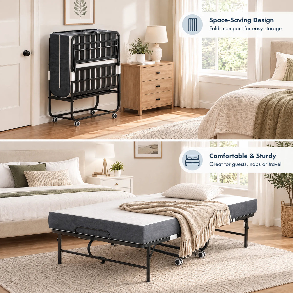 VIYET 75" Extra Long Folding Bed with 5" Memory Foam Mattress, 450 Lbs Capacity, Rollaway Guest Bed with Wheels, Twin Size, Black