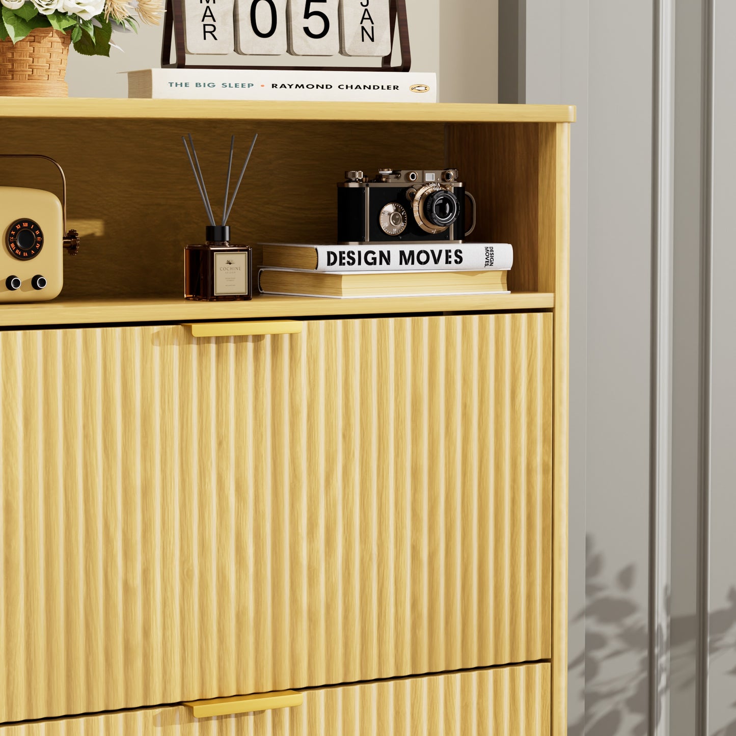 VIYET 54" Tall Freestanding Shoe Cabinet - Natural Particle Board+MDF, 3 Flip Drawers, Adjustable Shelves, Hidden Entryway Storage