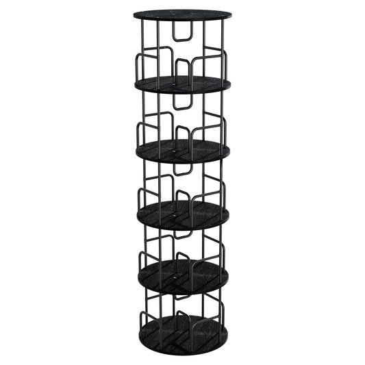 VIYET 62" 5-Tier 360° Rotating Bookshelf Tower, Black MDF+Iron Narrow Tall Spinning Bookcase (Space-Saving Storage Organizer)