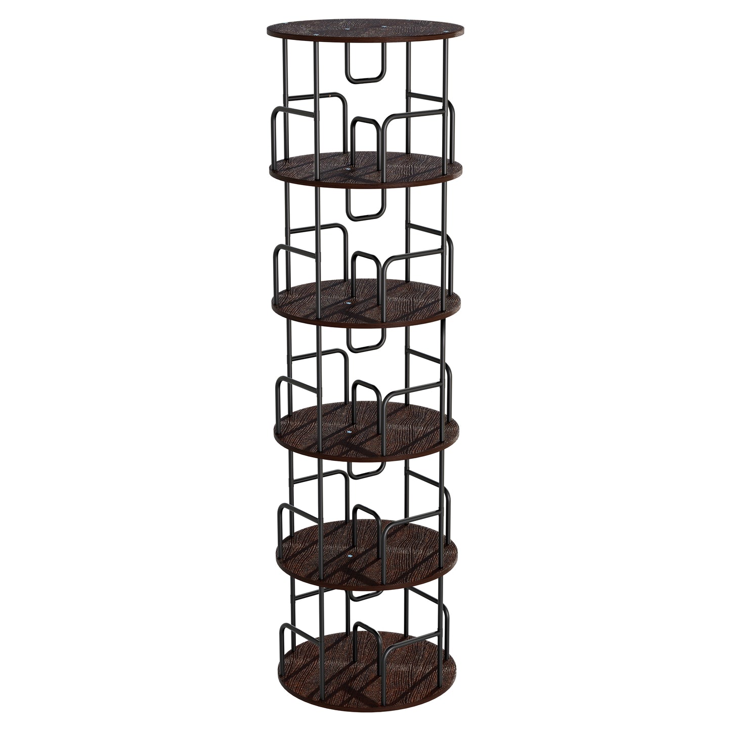 VIYET 62" 5-Tier 360° Rotating Bookshelf Tower, Walnut Brown MDF+Iron Narrow Tall Spinning Bookcase (Space-Saving Storage Organizer)