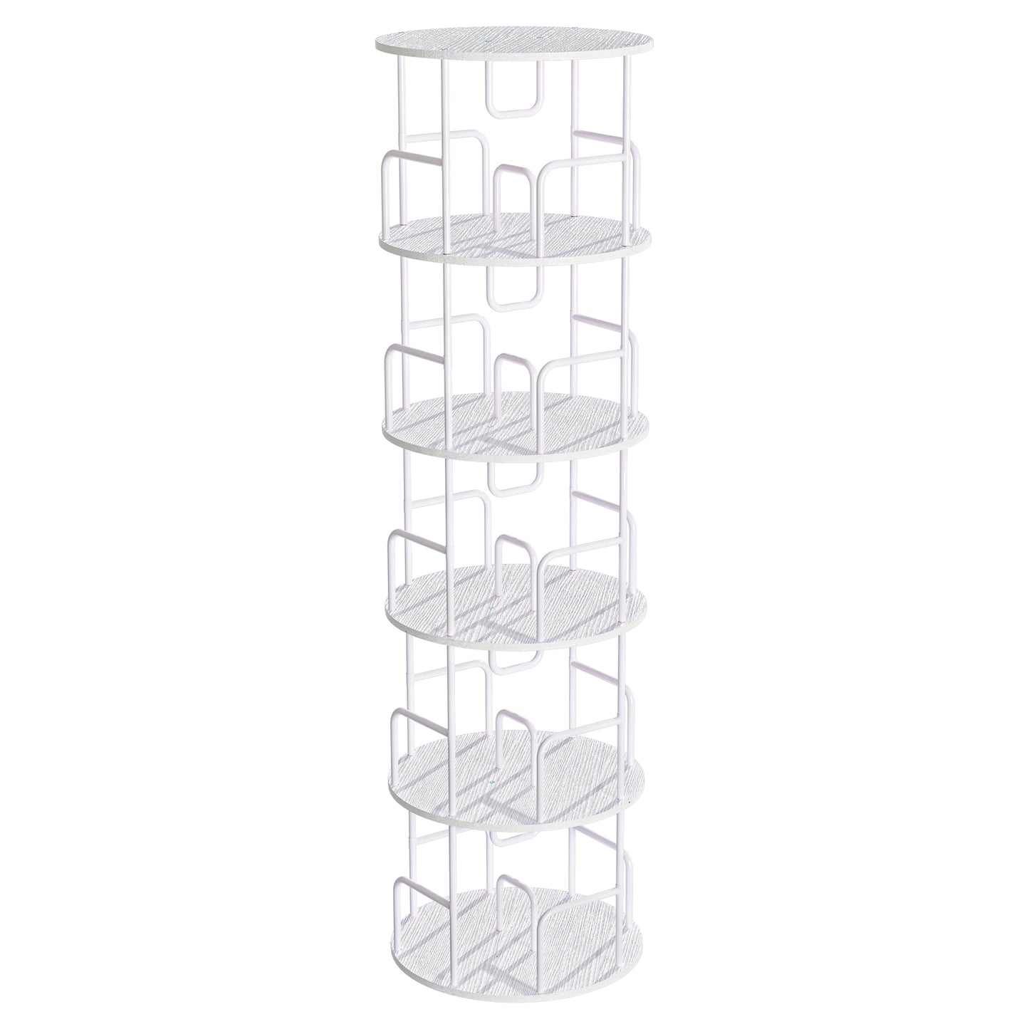 VIYET 62" 5-Tier 360° Rotating Bookshelf Tower, White MDF+Iron Narrow Tall Spinning Bookcase (Space-Saving Storage Organizer)