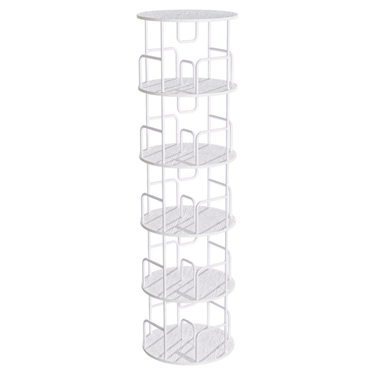 VIYET 62" 5-Tier 360° Rotating Bookshelf Tower, White MDF+Iron Narrow Tall Spinning Bookcase (Space-Saving Storage Organizer)