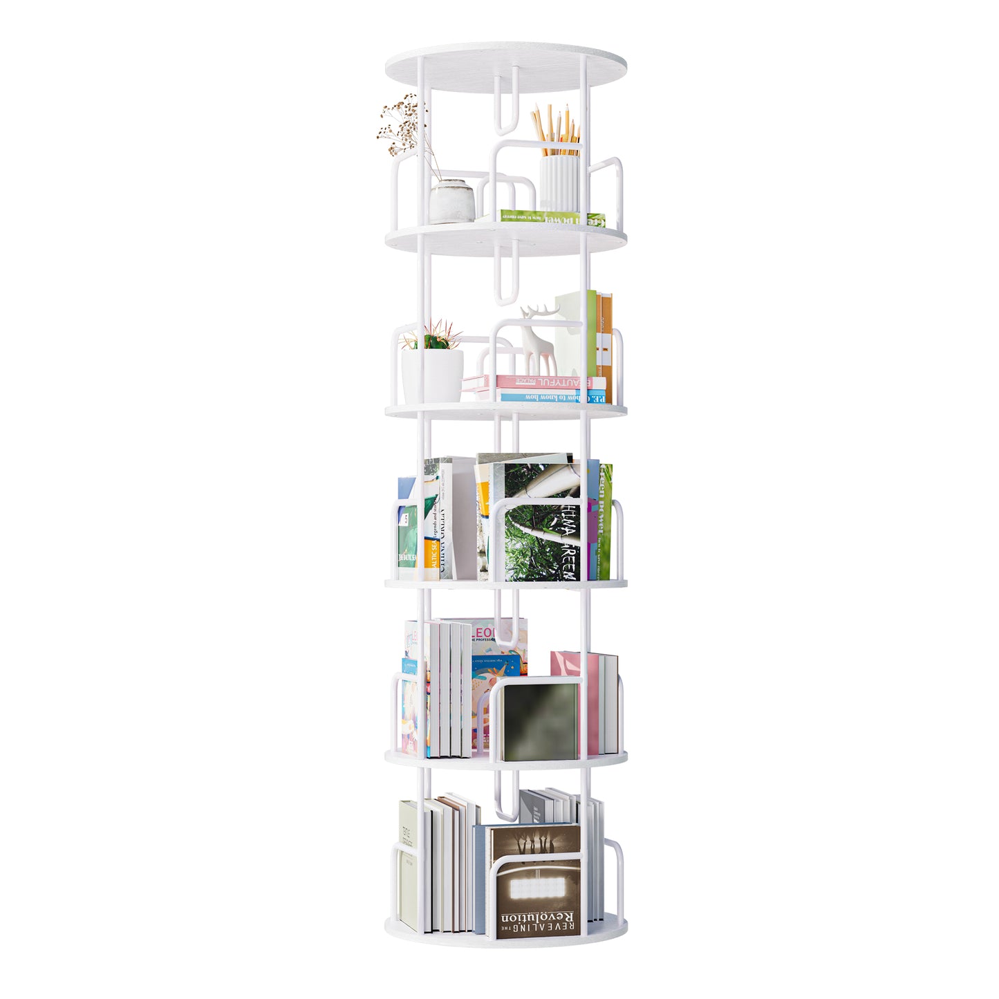 VIYET 62" 5-Tier 360° Rotating Bookshelf Tower, White MDF+Iron Narrow Tall Spinning Bookcase (Space-Saving Storage Organizer)