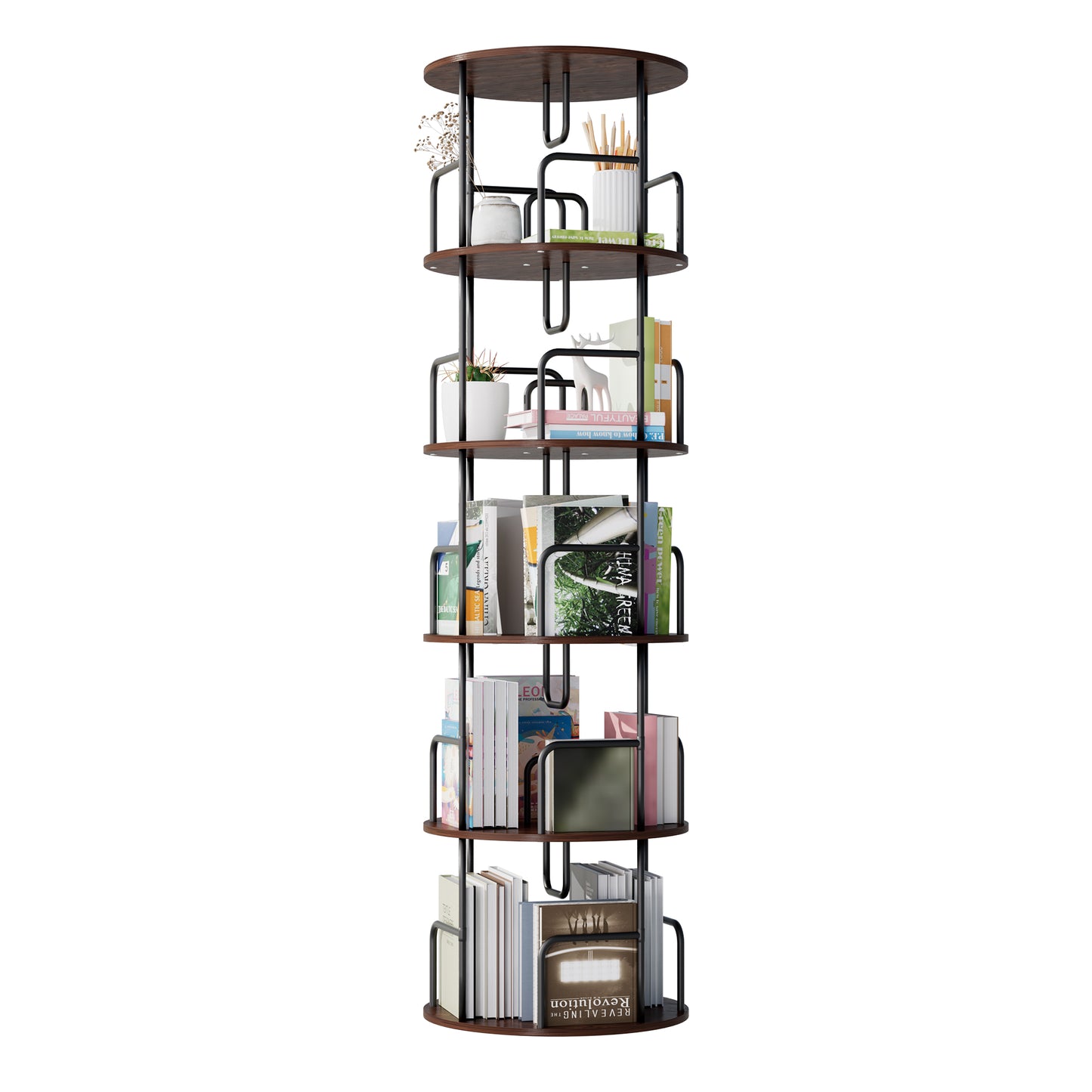 VIYET 62" 5-Tier 360° Rotating Bookshelf Tower, Walnut Brown MDF+Iron Narrow Tall Spinning Bookcase (Space-Saving Storage Organizer)