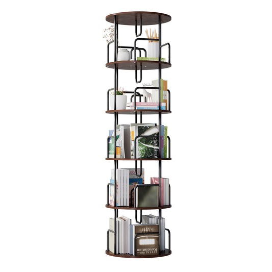 VIYET 62" 5-Tier 360° Rotating Bookshelf Tower, Walnut Brown MDF+Iron Narrow Tall Spinning Bookcase (Space-Saving Storage Organizer)