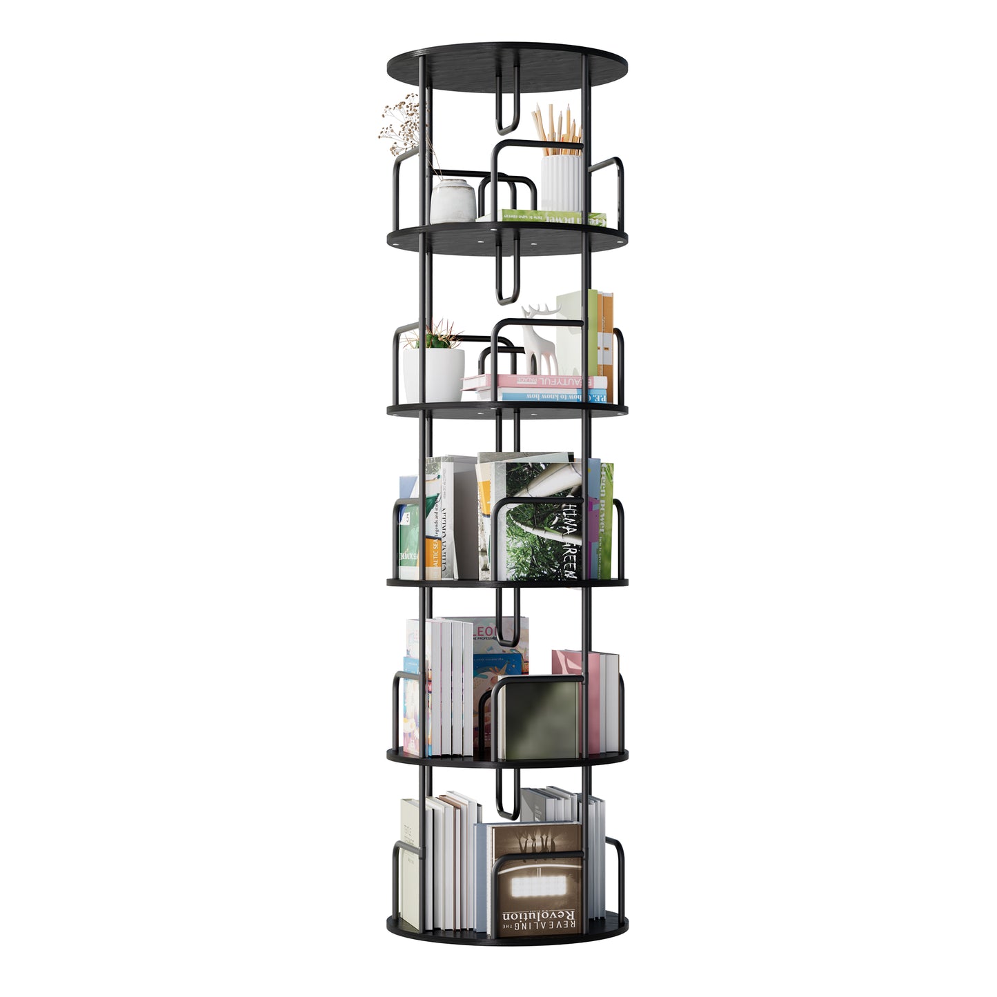 VIYET 62" 5-Tier 360° Rotating Bookshelf Tower, Black MDF+Iron Narrow Tall Spinning Bookcase (Space-Saving Storage Organizer)