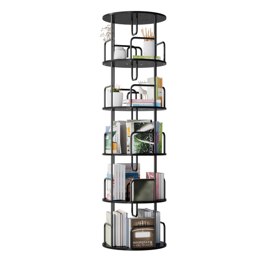 VIYET 62" 5-Tier 360° Rotating Bookshelf Tower, Black MDF+Iron Narrow Tall Spinning Bookcase (Space-Saving Storage Organizer)