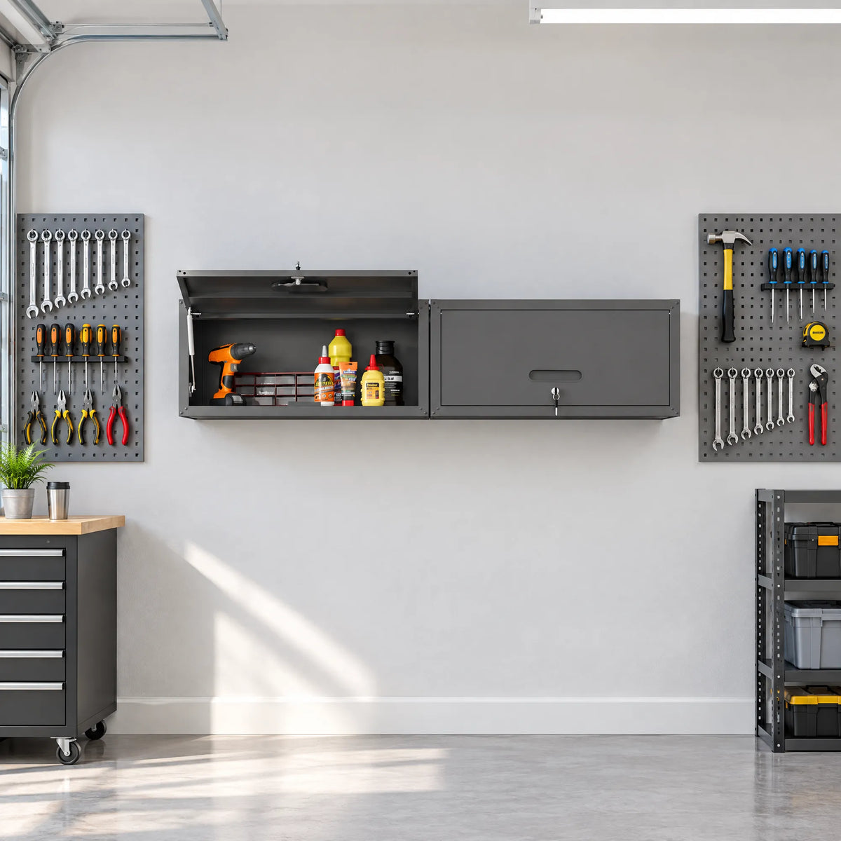 VIYET Wall Mounted Garage Cabinet, Lockable Metal Tool Storage Cabinet with Lift-Up Door, 120 Lbs Capacity, Steel Workshop Organizer