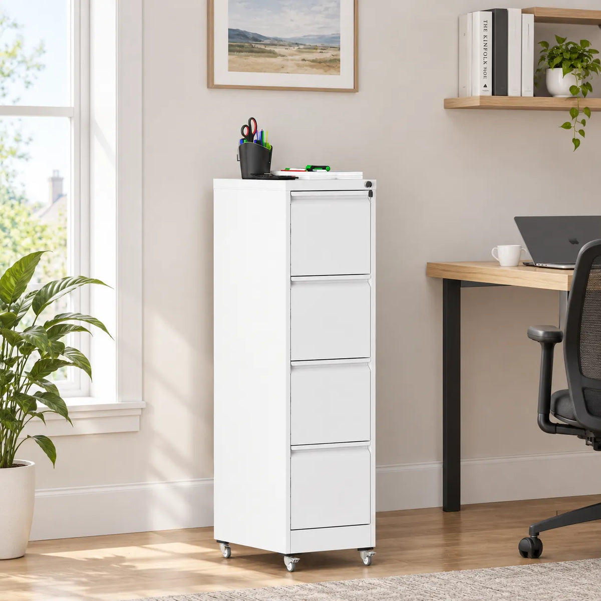 VIYET 4 Drawer Vertical File Cabinet, Metal Locking Filing Cabinet with Wheels, Legal & Letter File Storage, Anti-Tip Office Cabinet