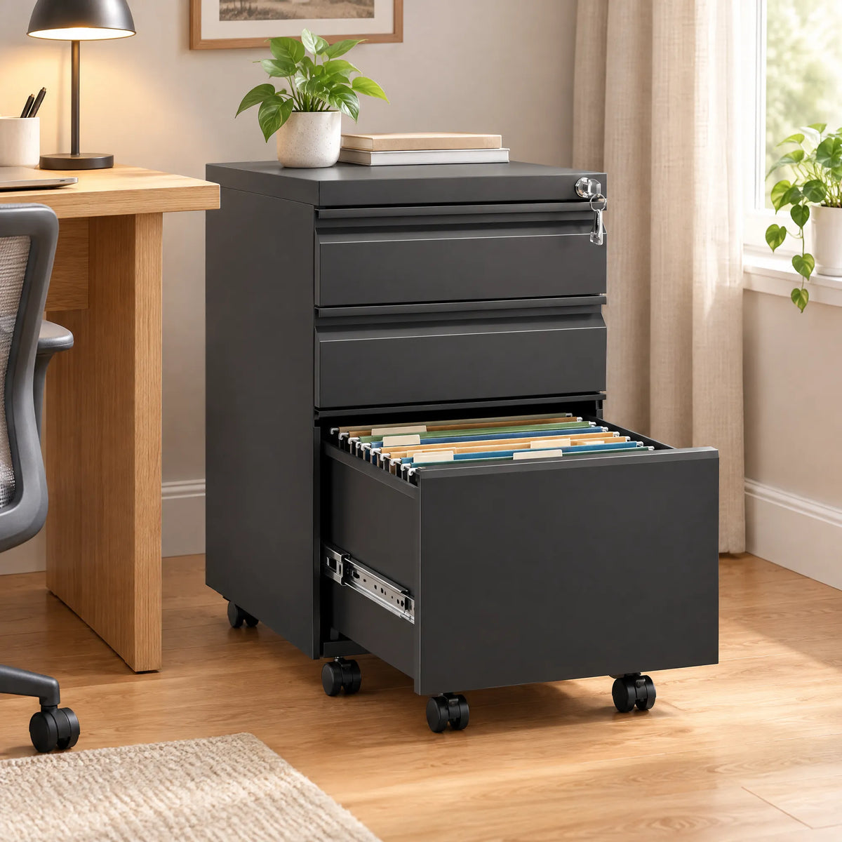 VIYET 2-Drawer Mobile Metal File Cabinet in Antique White with Lock, Rolling Under Desk Storage for Letter, Legal & A4 Files, Fully Assembled Except Wheels