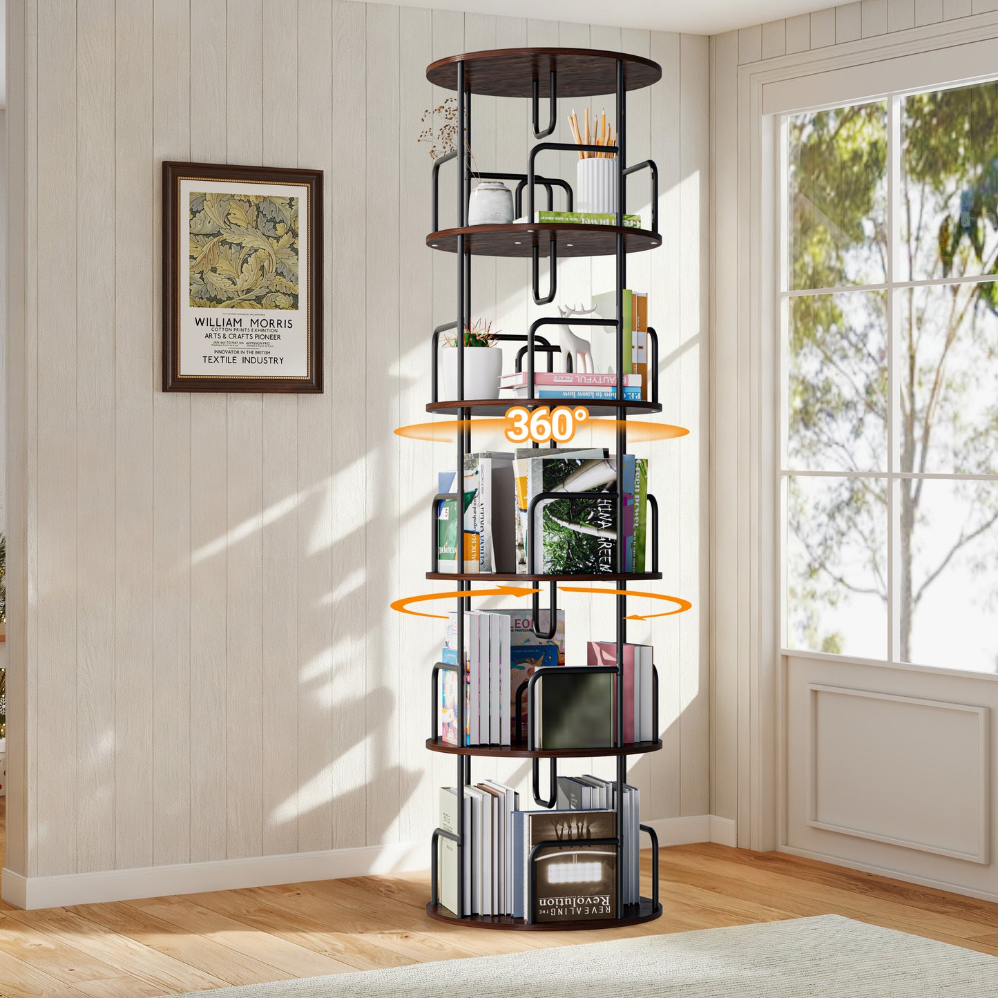 VIYET 62" 5-Tier 360° Rotating Bookshelf Tower, Walnut Brown MDF+Iron Narrow Tall Spinning Bookcase (Space-Saving Storage Organizer)