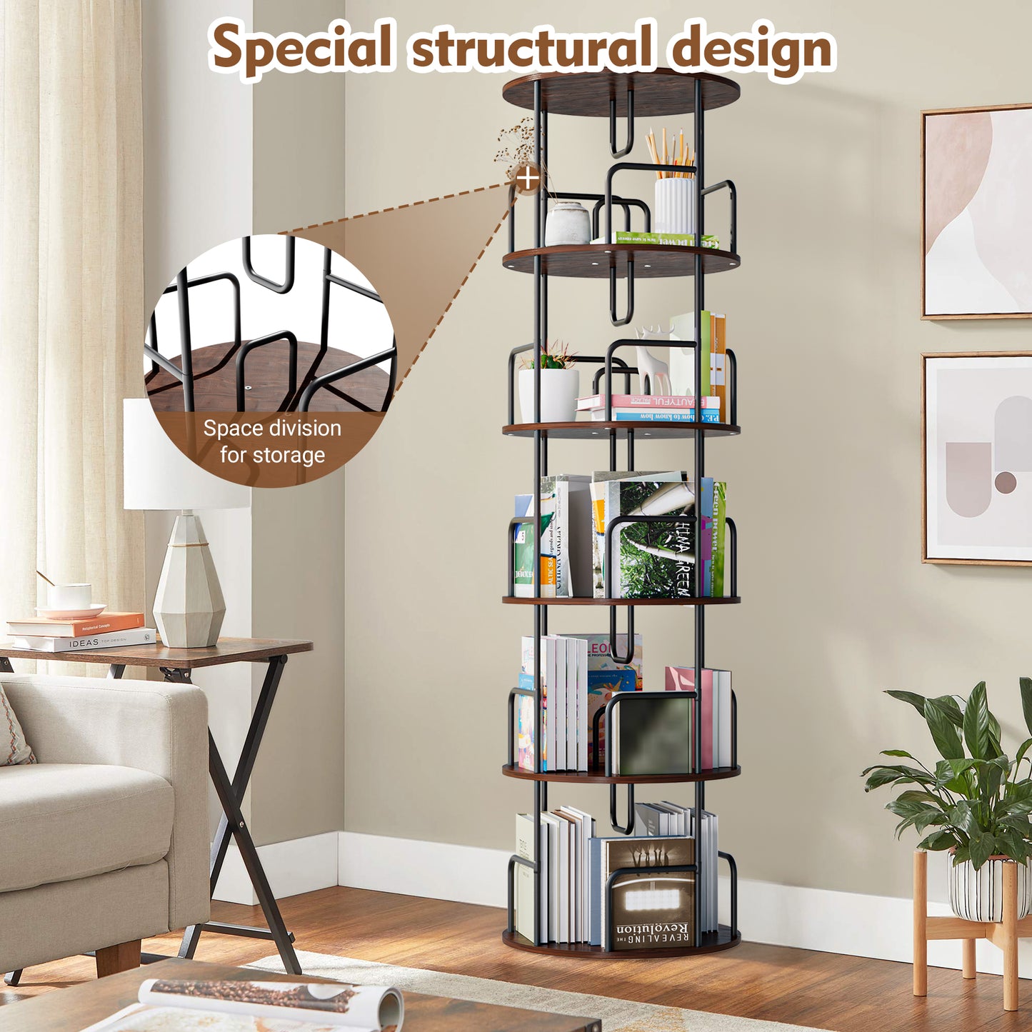VIYET 62" 5-Tier 360° Rotating Bookshelf Tower, Walnut Brown MDF+Iron Narrow Tall Spinning Bookcase (Space-Saving Storage Organizer)