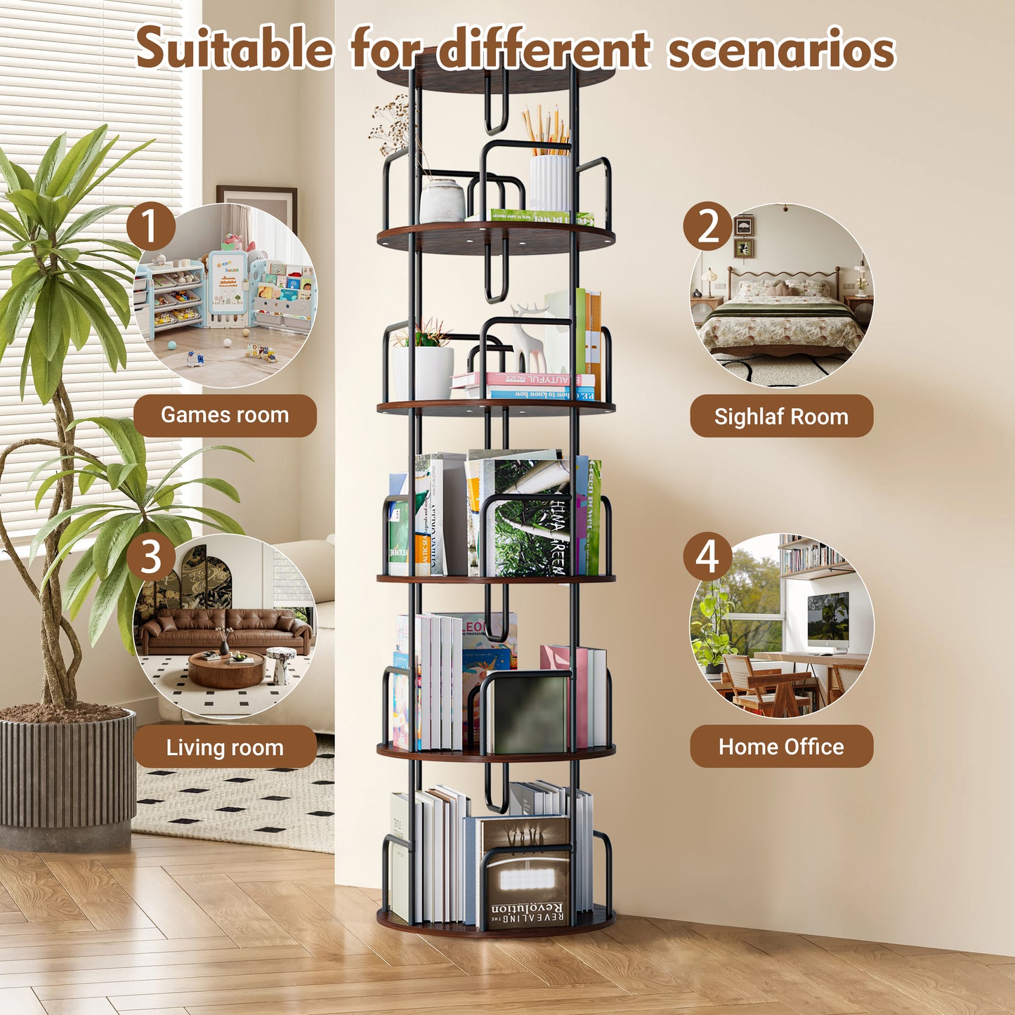 VIYET 62" 5-Tier 360° Rotating Bookshelf Tower, Walnut Brown MDF+Iron Narrow Tall Spinning Bookcase (Space-Saving Storage Organizer)