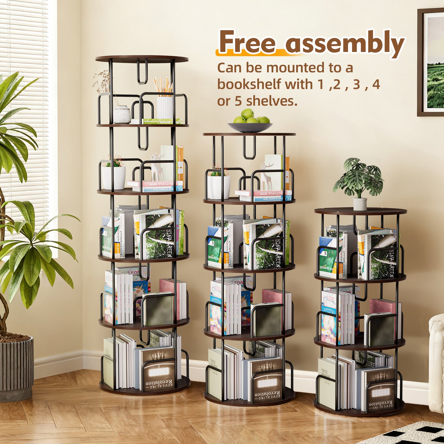 VIYET 62" 5-Tier 360° Rotating Bookshelf Tower, Walnut Brown MDF+Iron Narrow Tall Spinning Bookcase (Space-Saving Storage Organizer)