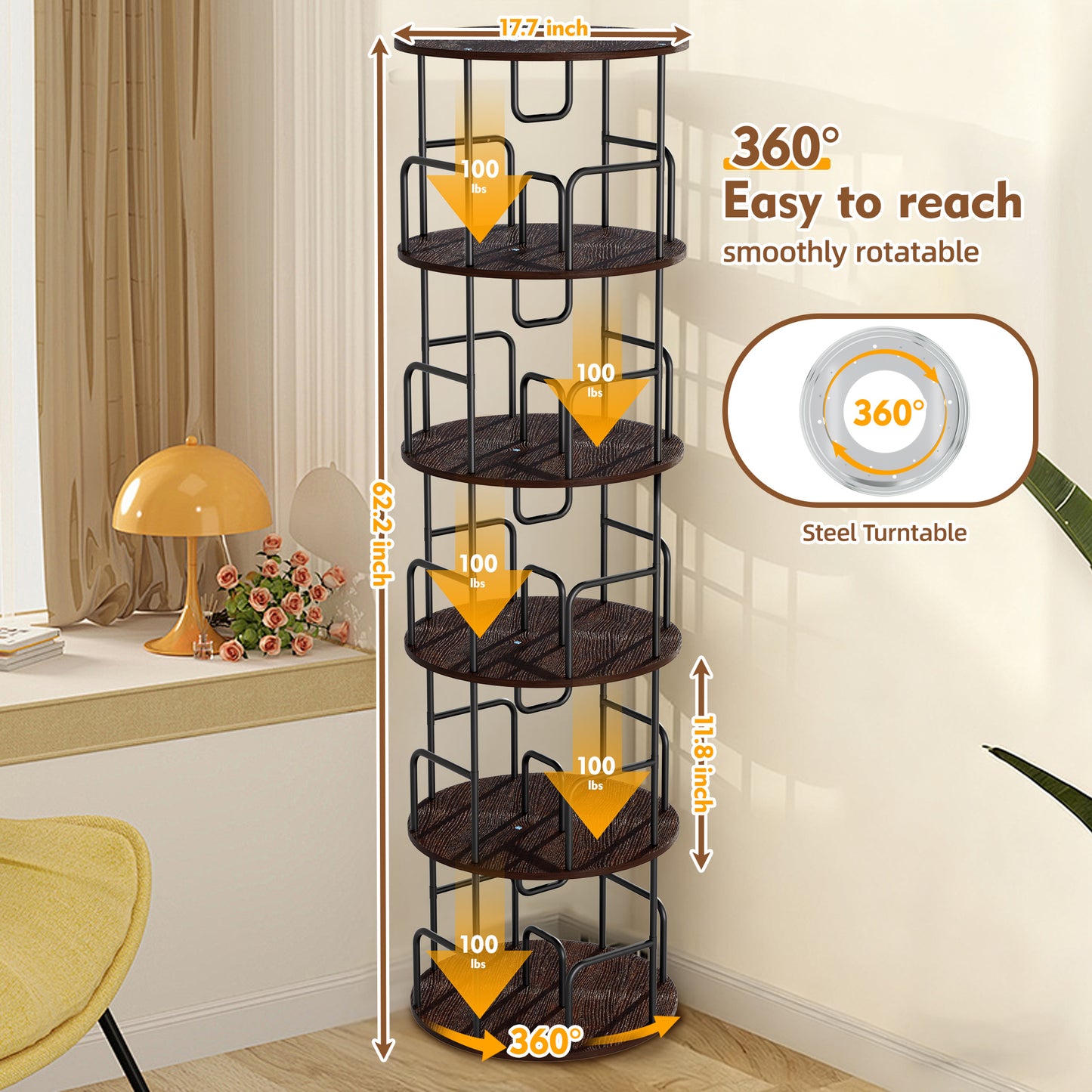 VIYET 62" 5-Tier 360° Rotating Bookshelf Tower, Walnut Brown MDF+Iron Narrow Tall Spinning Bookcase (Space-Saving Storage Organizer)