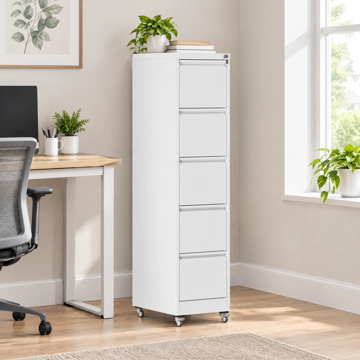 VIYET 5-Drawer Mobile File Cabinet with Lock, 64" Tall Vertical Metal Filing Cabinet with Wheels for Home Office, Legal & Letter Size