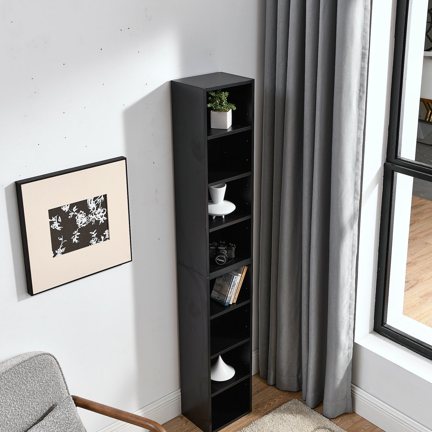 VIYET 11.6"×9.3"×70.9" 8-Tier Media Tower Rack - Black MDF, Adjustable Shelves
