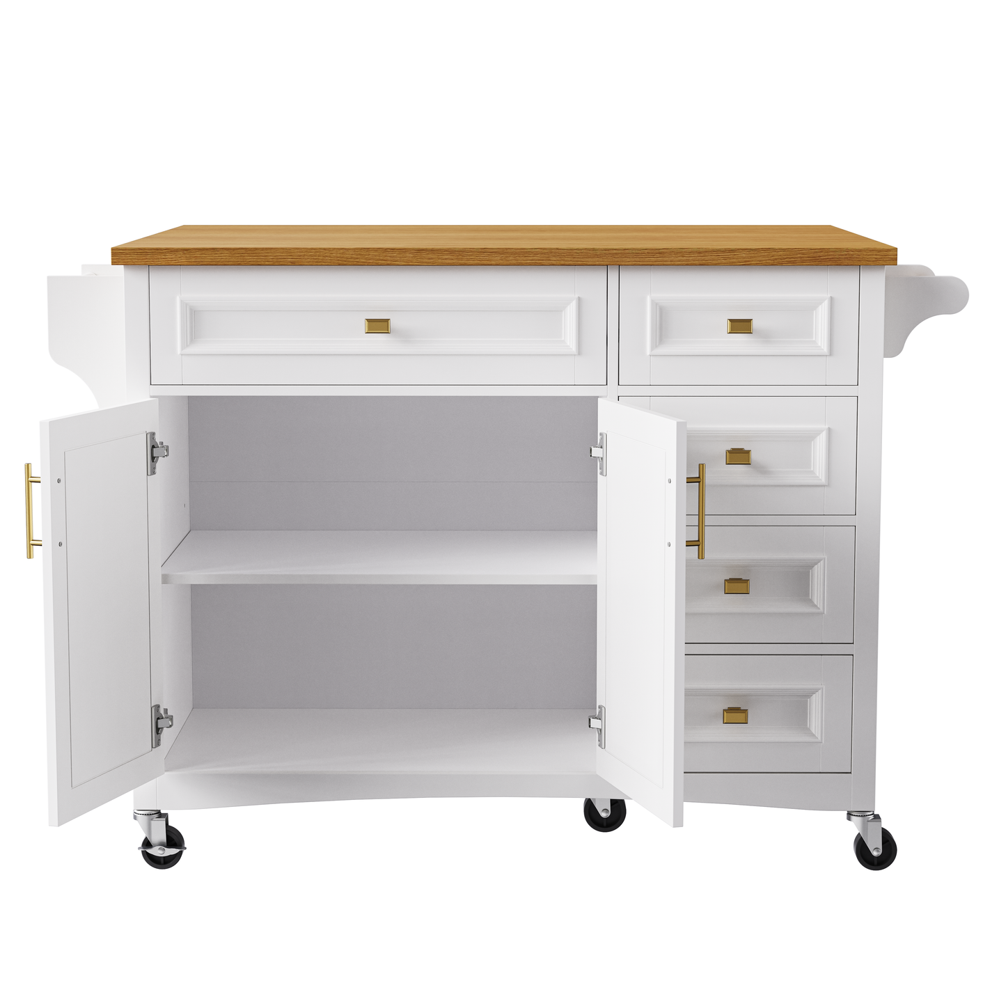 VIYET 36" K&K Kitchen Island with Drop Leaf, White MDF Storage Cart w/ Oak Veneer Top (2 Doors+5 Drawers+Adjustable Shelf)
