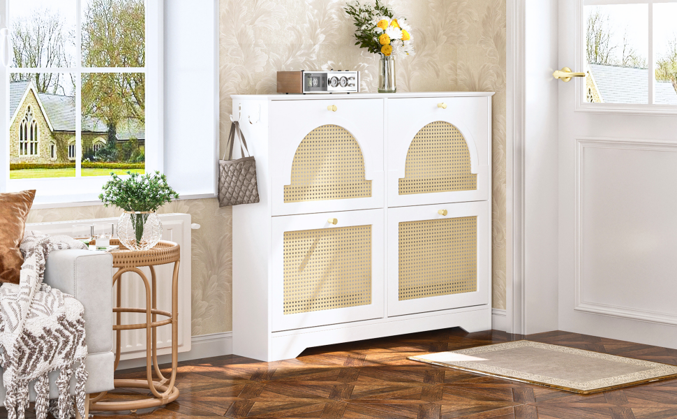 VIYET 35" Mid-Century Narrow Shoe Cabinet, MDF Organizer w/ 4 Rattan Flip Drawers &2 Silver Hooks,Black+white