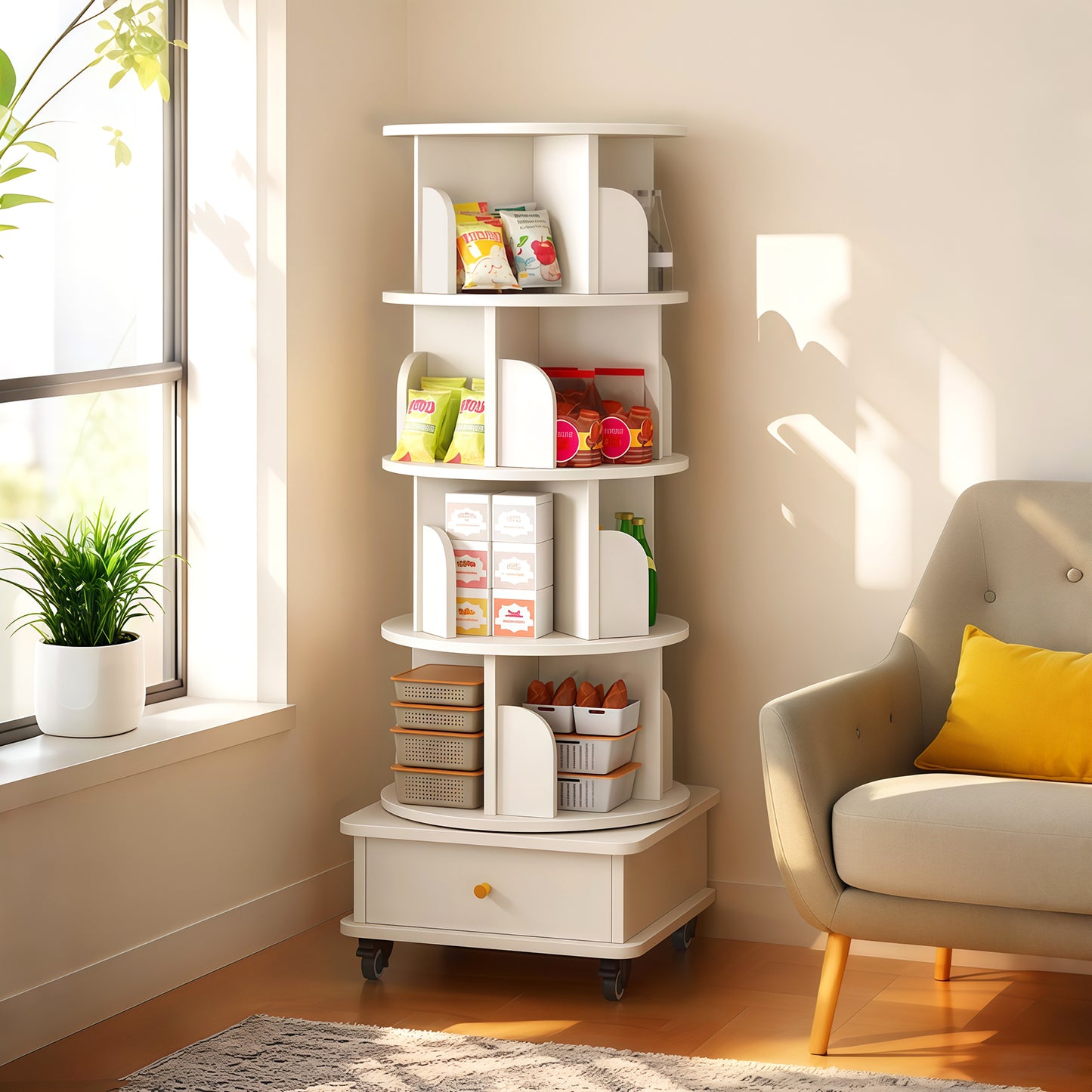 VIYET 56" 5-Tier 360° Rotating Bookshelf, Oak MDF Tower w/ Wheels&Drawer (Space-Saving Storage for Home/Office),white