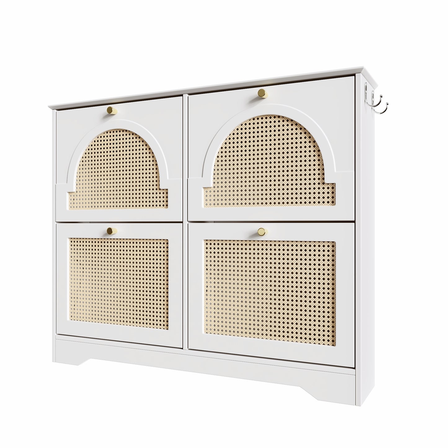 VIYET 35" Mid-Century Narrow Shoe Cabinet, MDF Organizer w/ 4 Rattan Flip Drawers &2 Silver Hooks,Black+white