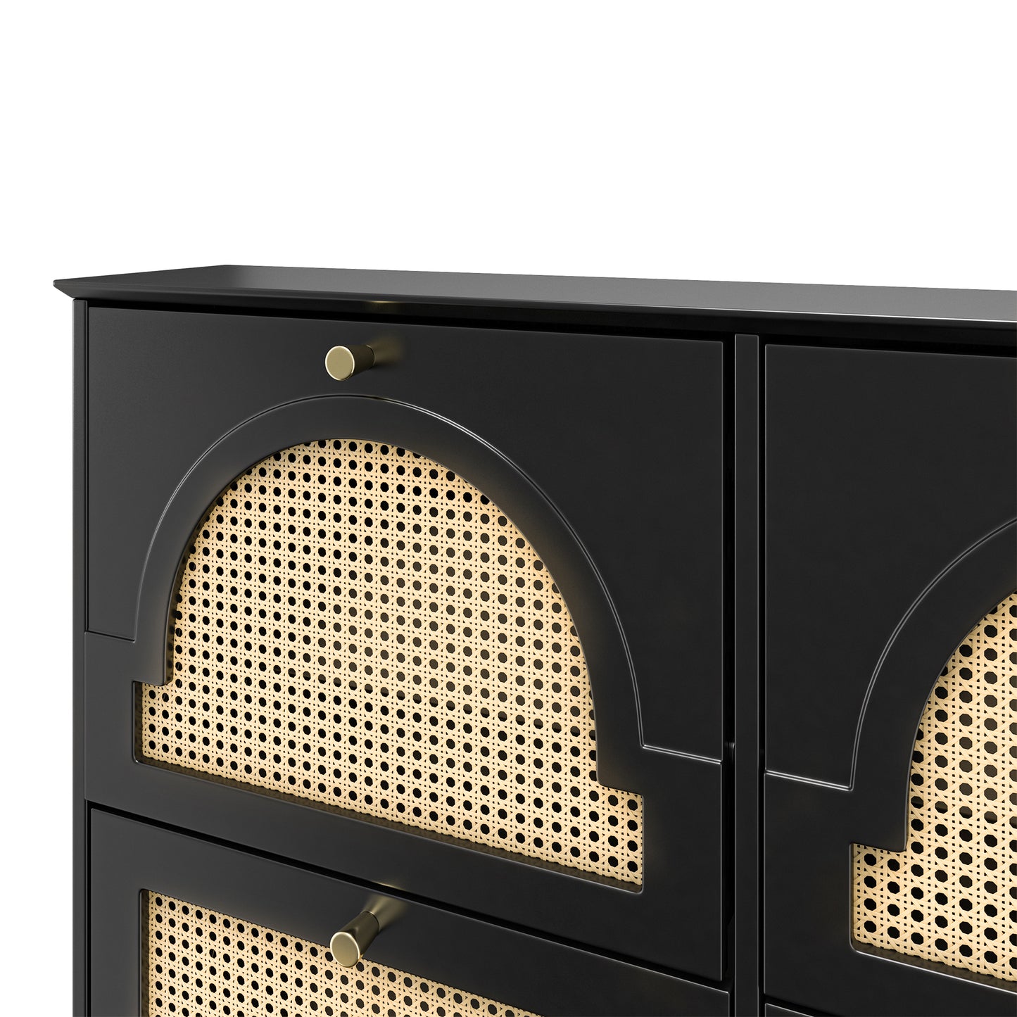 VIYET 35" Mid-Century Narrow Shoe Cabinet, MDF Organizer w/ 4 Rattan Flip Drawers &2 Silver Hooks,Black+white
