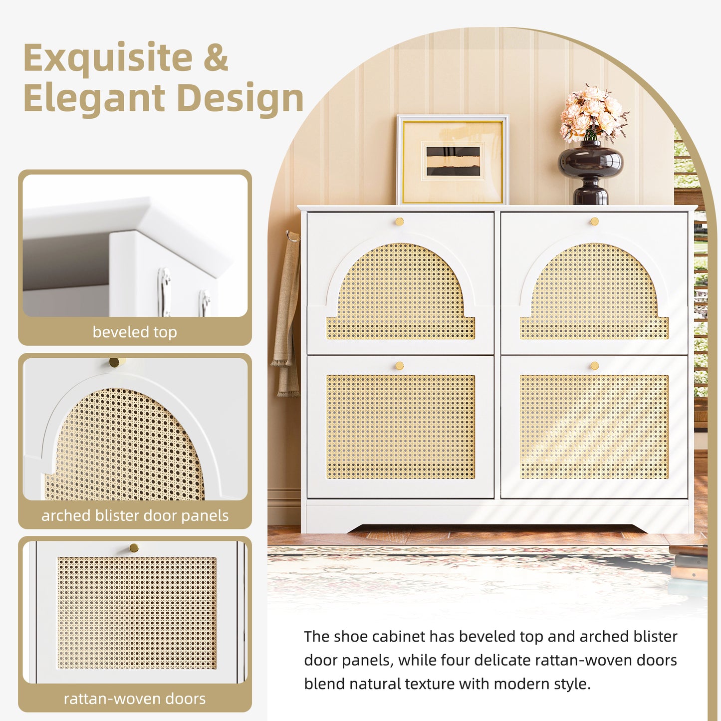 VIYET 35" Mid-Century Narrow Shoe Cabinet, MDF Organizer w/ 4 Rattan Flip Drawers &2 Silver Hooks,Black+white