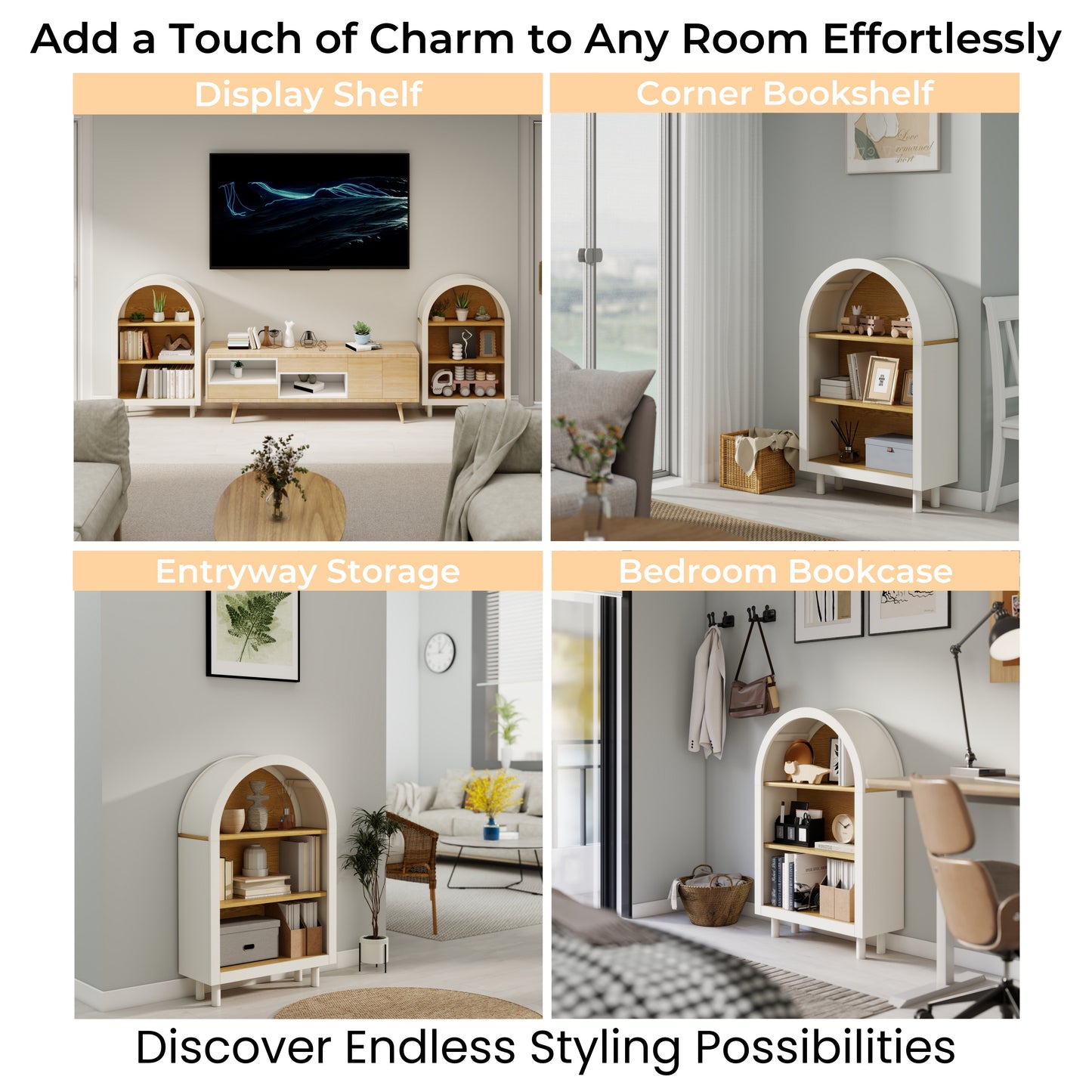 VIYET 3-Tier Arched Top Small Bookcase, White & Oak Woodgrain Modern Storage Cabinet, Engineered Wood Open Shelf for Living Room Bedroom Entryway