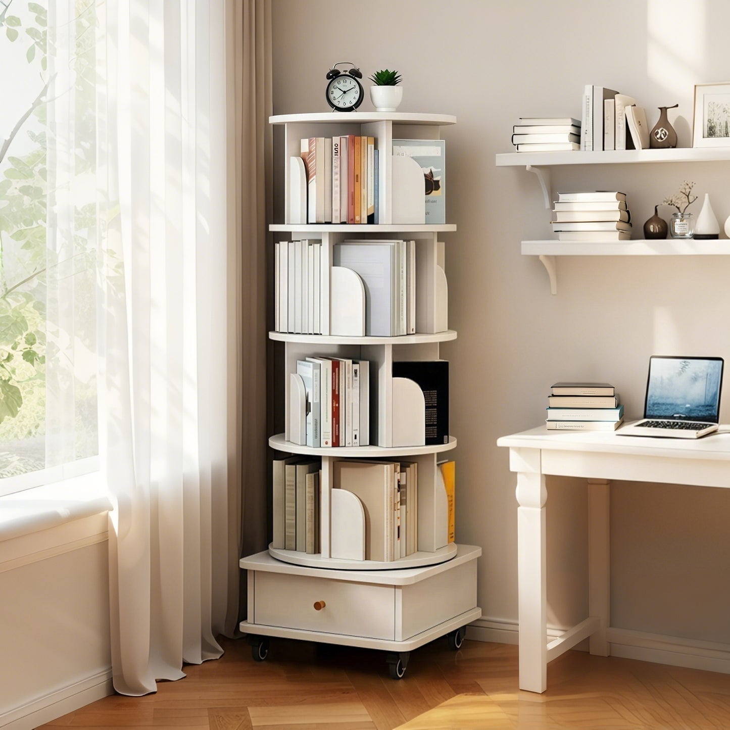 VIYET 56" 5-Tier 360° Rotating Bookshelf, Oak MDF Tower w/ Wheels&Drawer (Space-Saving Storage for Home/Office),white