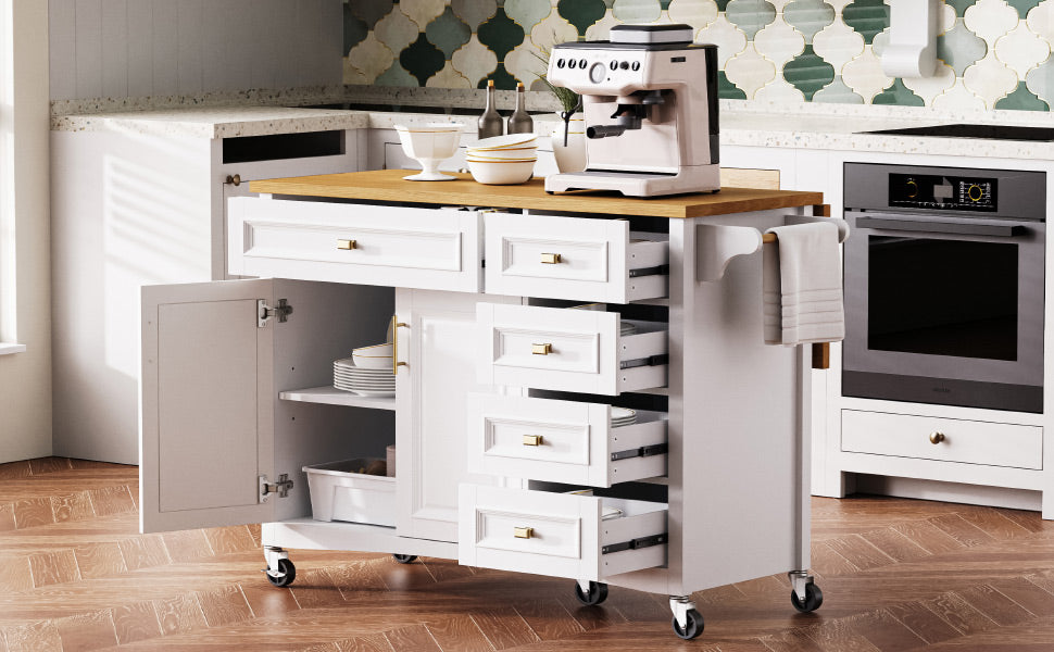 VIYET 36" K&K Kitchen Island with Drop Leaf, White MDF Storage Cart w/ Oak Veneer Top (2 Doors+5 Drawers+Adjustable Shelf)