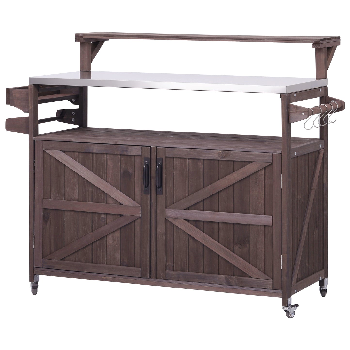 VIYET 43" K&K Outdoor Kitchen Island, Brown Solid Wood Grill Cart w/ Stainless Steel Top (Raised Shelf+Adjustable Storage Rack)