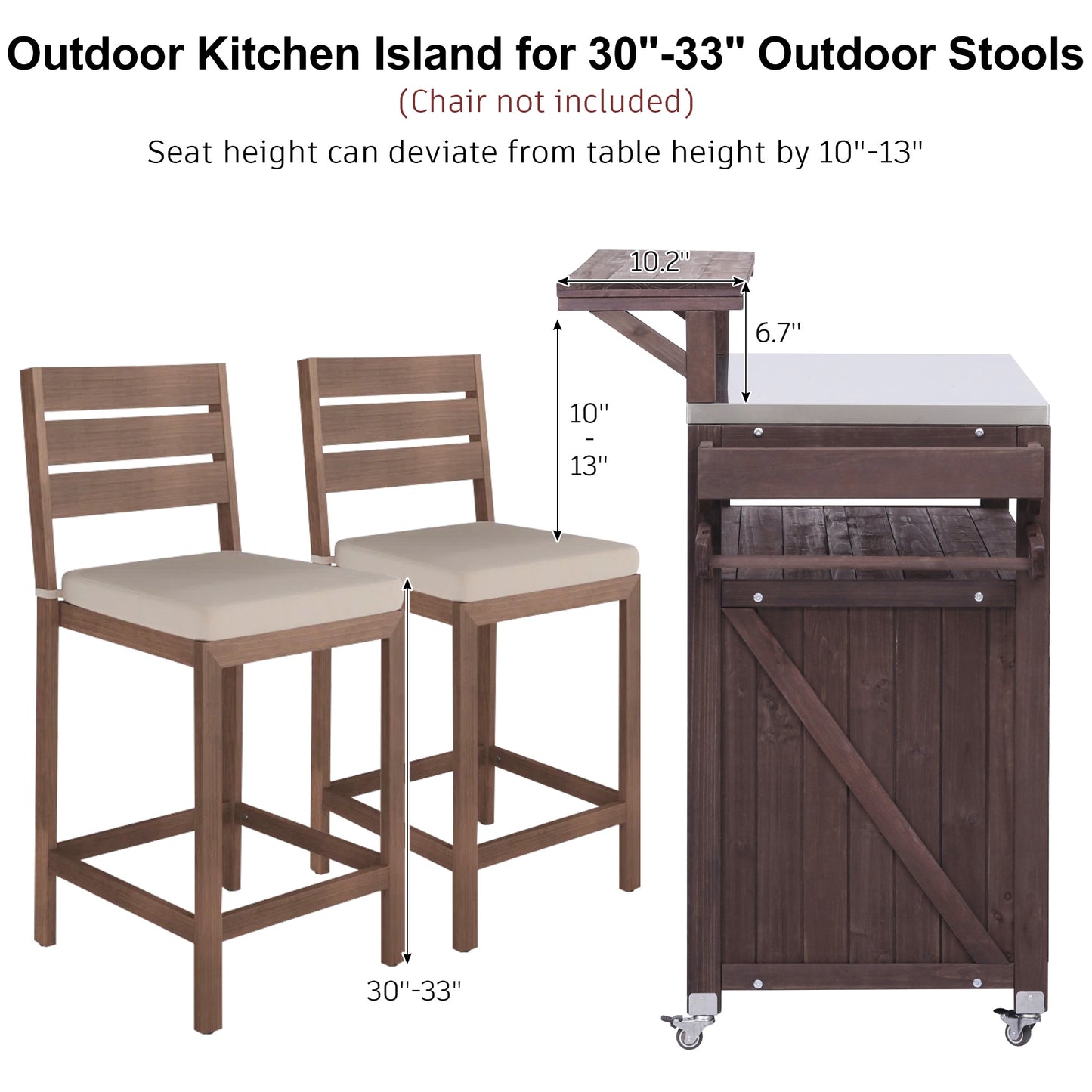 VIYET 43" K&K Outdoor Kitchen Island, Brown Solid Wood Grill Cart w/ Stainless Steel Top (Raised Shelf+Adjustable Storage Rack)