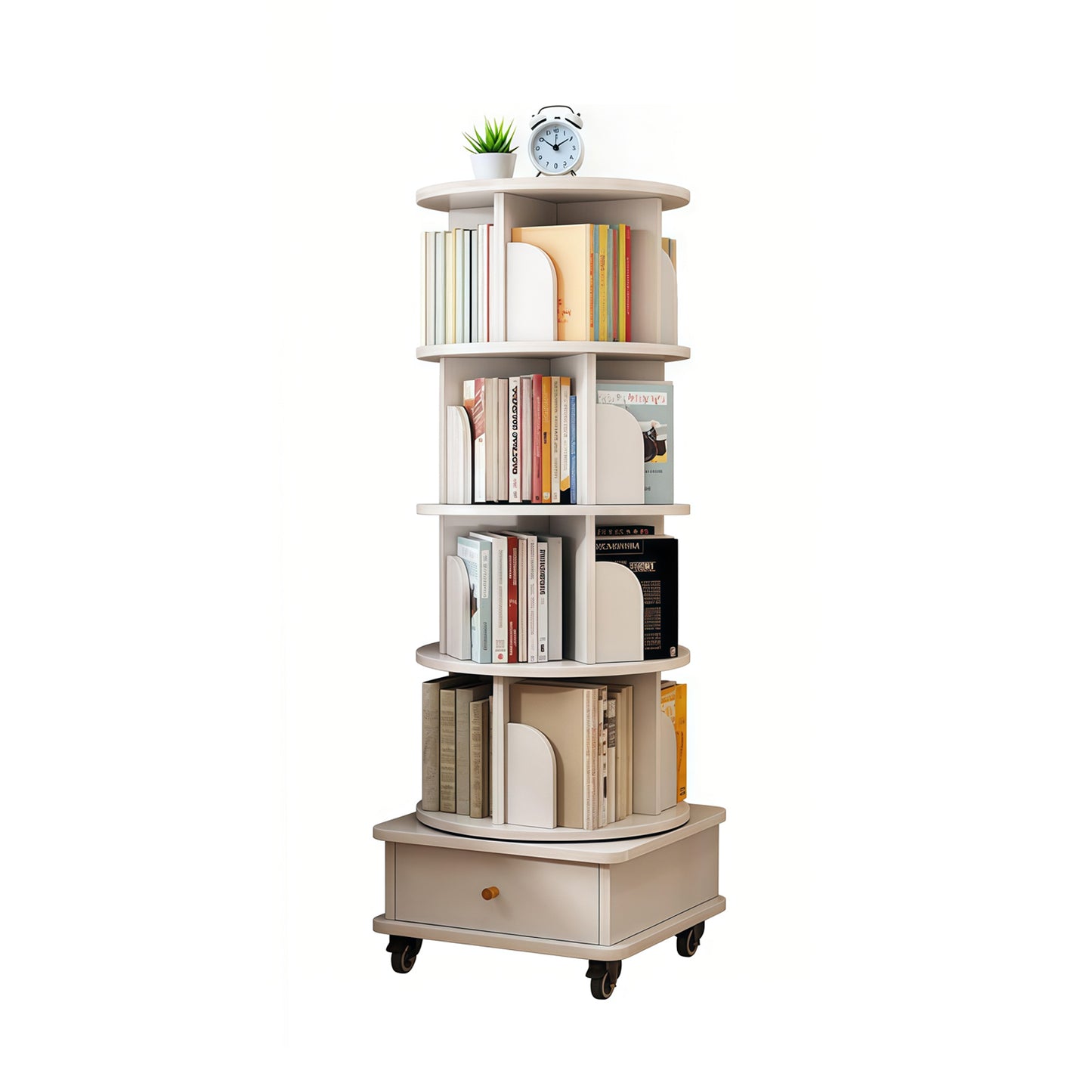 VIYET 56" 5-Tier 360° Rotating Bookshelf, Oak MDF Tower w/ Wheels&Drawer (Space-Saving Storage for Home/Office),white