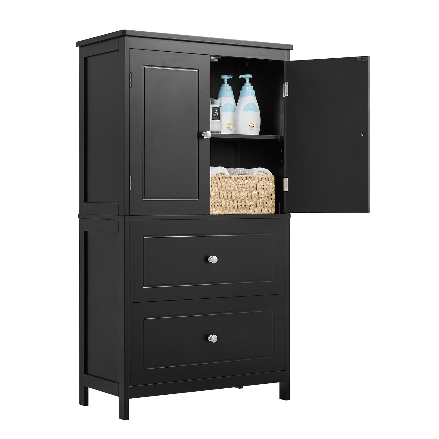 VIYET 43" 2-Door 2-Drawer Storage Cabinet, Black MDF Adjustable-Shelf Organizer, Anti-Tipping Waterproof Multi-Scene Cabinet