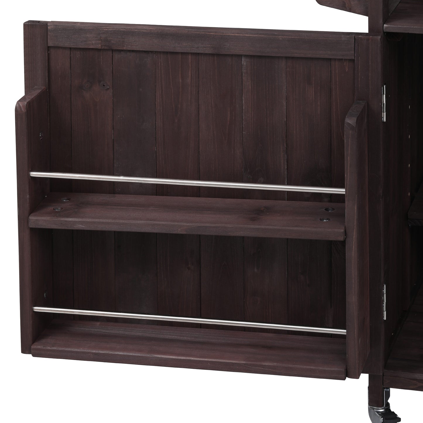 VIYET 43" K&K Outdoor Kitchen Island, Brown Solid Wood Grill Cart w/ Stainless Steel Top (Raised Shelf+Adjustable Storage Rack)